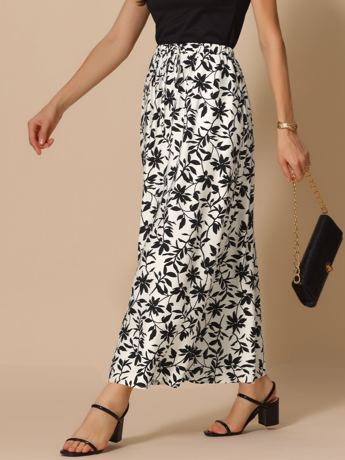 Women's Summer Elastic High Waisted Flowy A-Line Floral Maxi Skirt