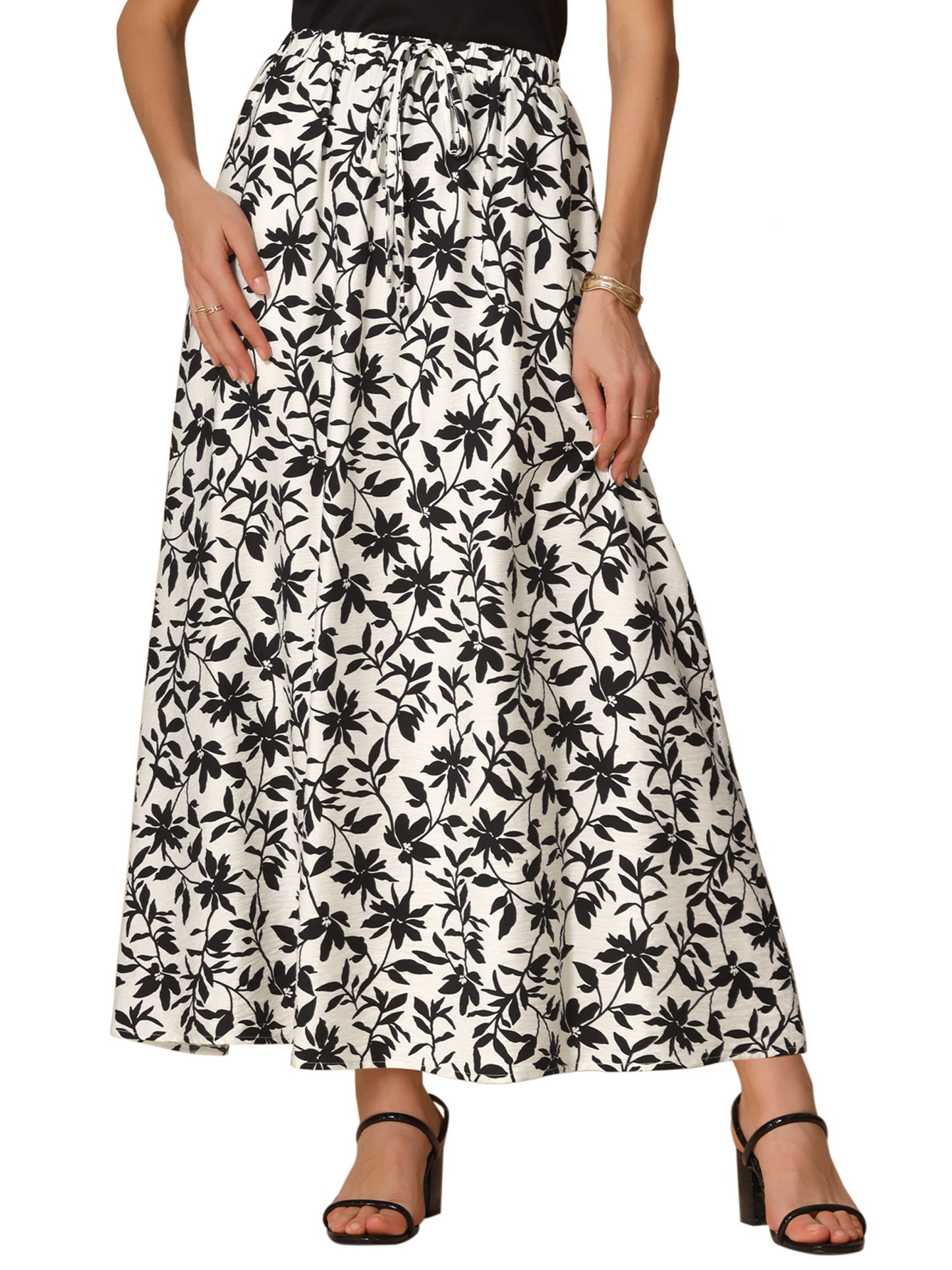Women's Summer Elastic High Waisted Flowy A-Line Floral Maxi Skirt
