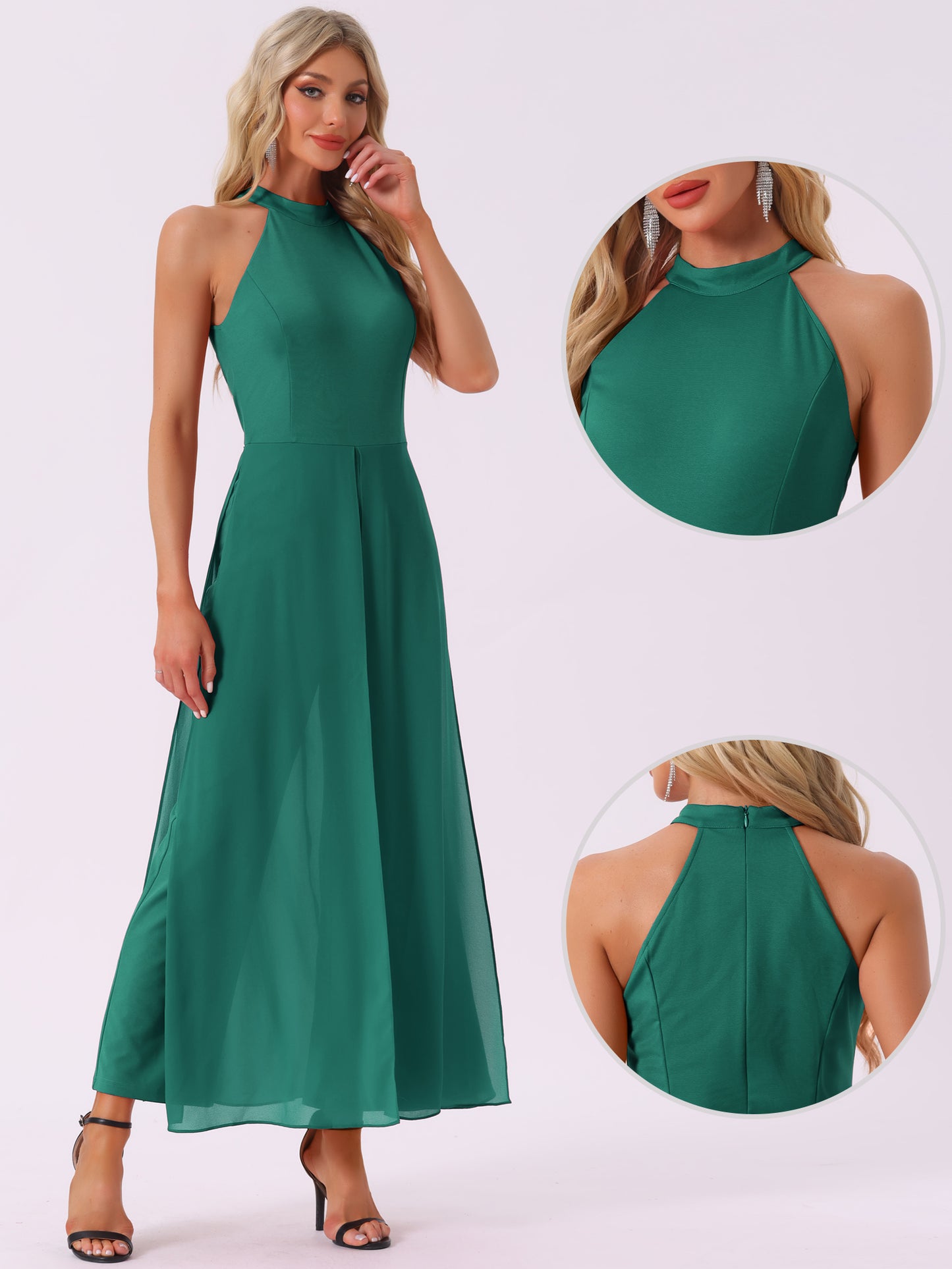 Women's Summer Sleeveless Halter Neck Wedding Chiffon Wide Leg Dressy Elegant Jumpsuit