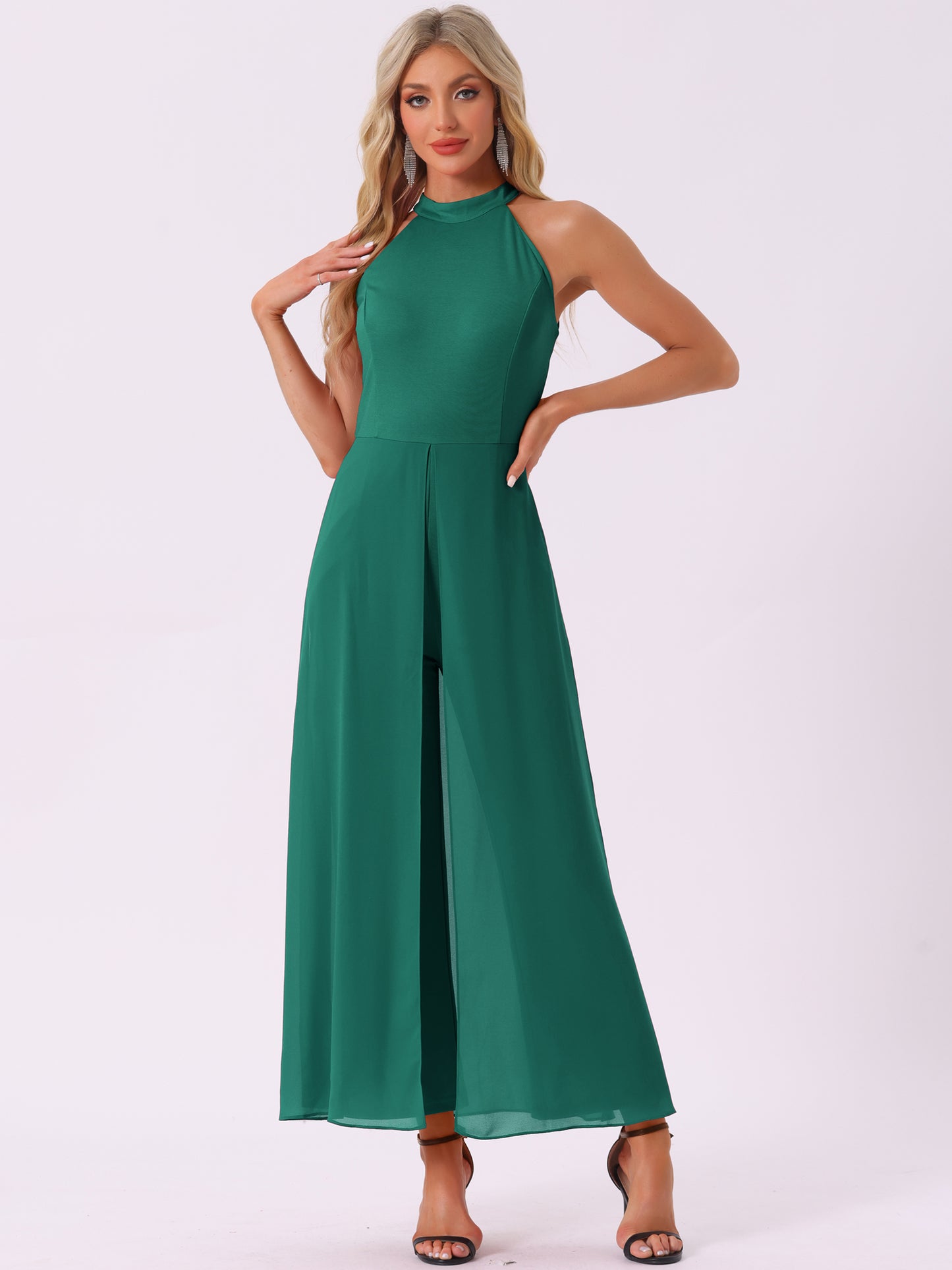 Women's Summer Sleeveless Halter Neck Wedding Chiffon Wide Leg Dressy Elegant Jumpsuit