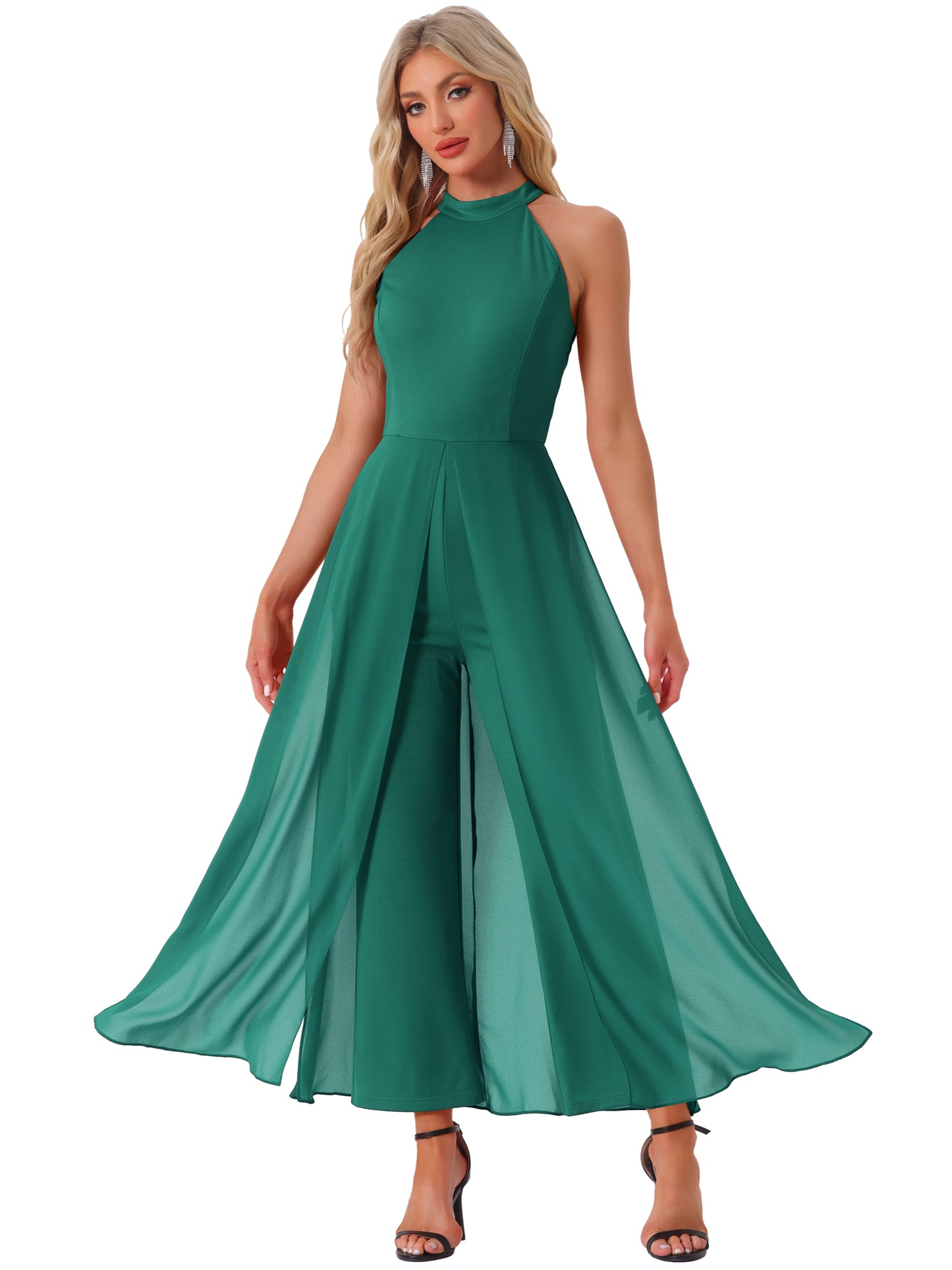 Women's Summer Sleeveless Halter Neck Wedding Chiffon Wide Leg Dressy Elegant Jumpsuit