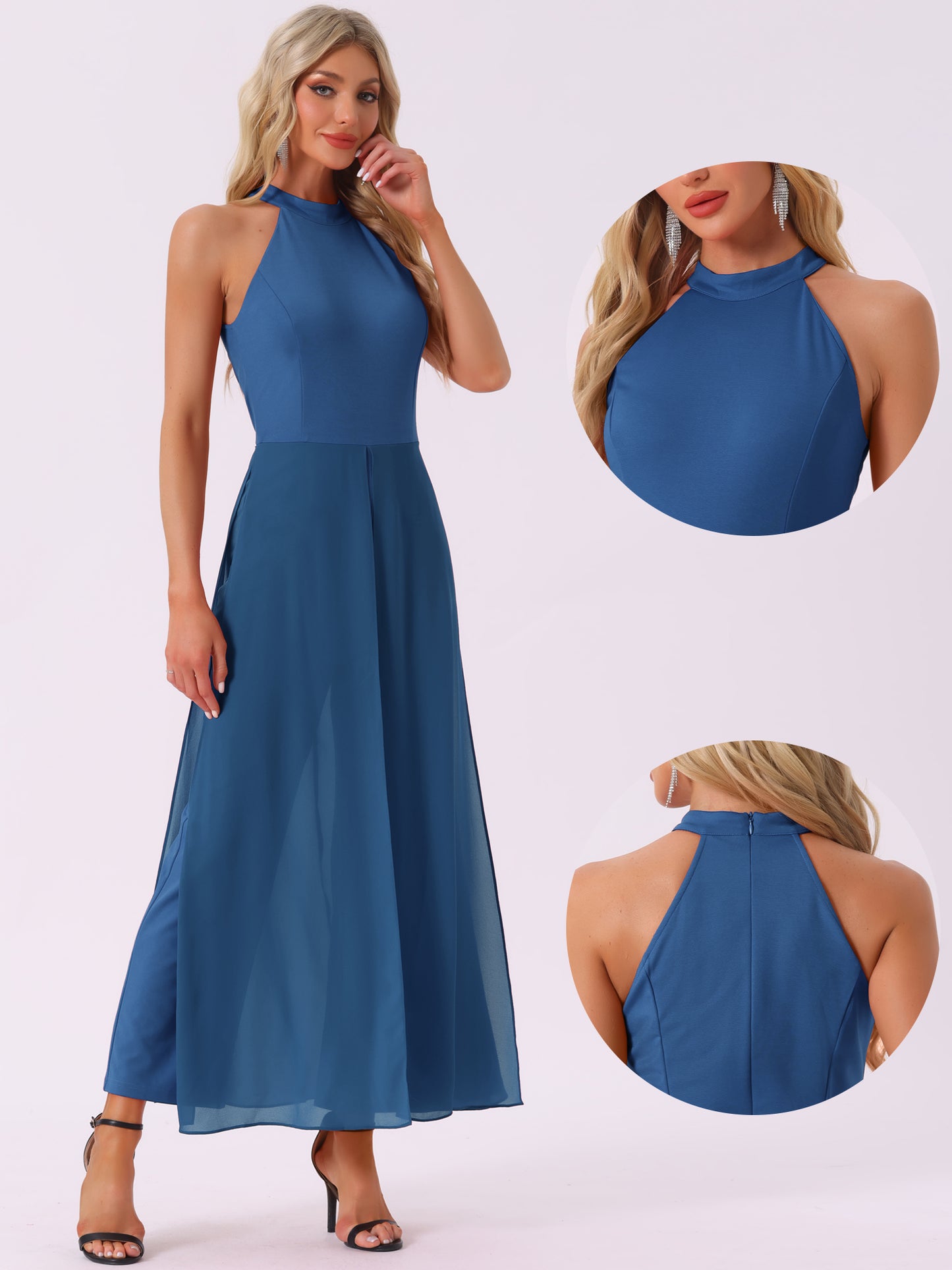 Women's Summer Sleeveless Halter Neck Wedding Chiffon Wide Leg Dressy Elegant Jumpsuit