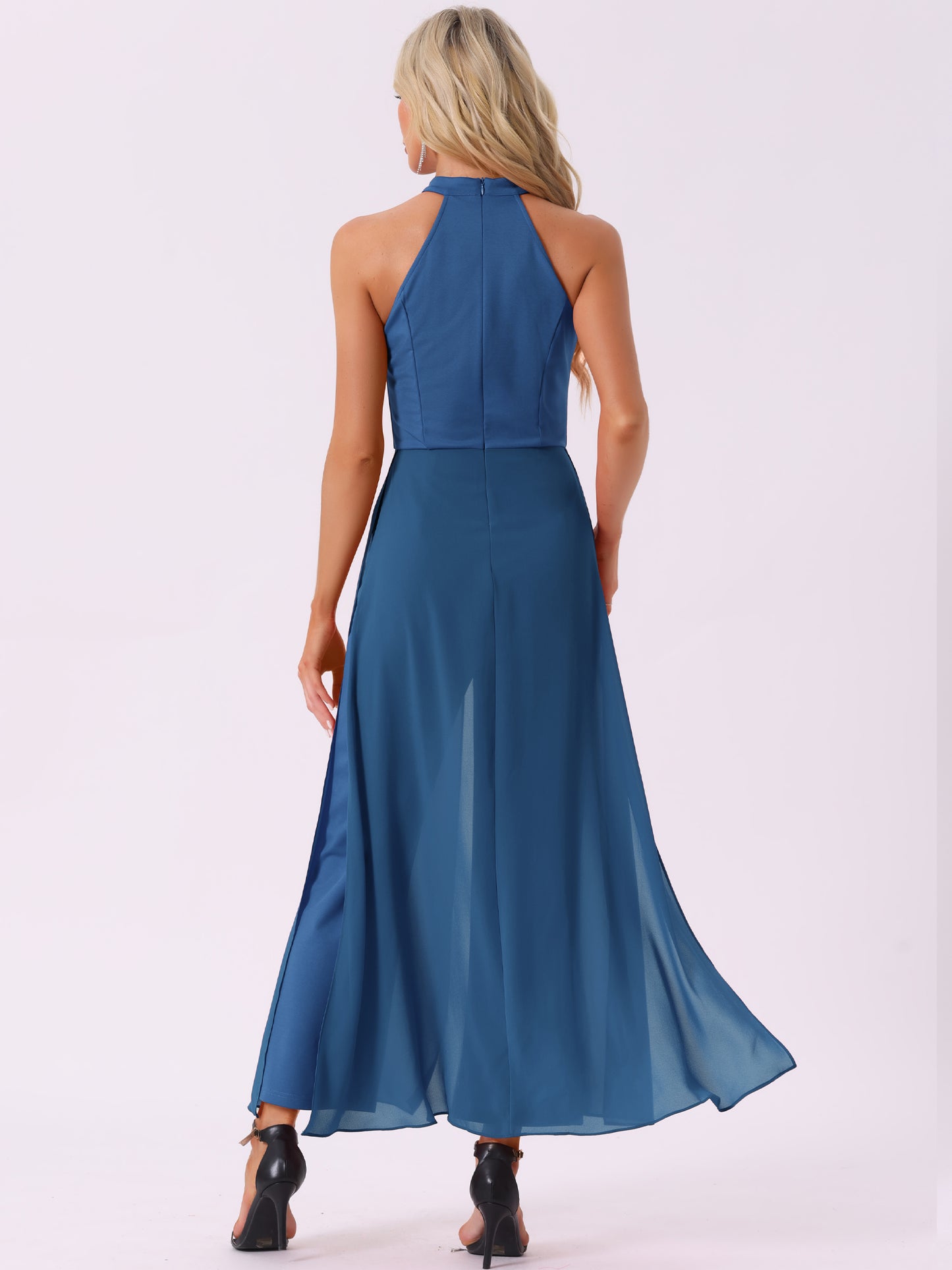 Women's Summer Sleeveless Halter Neck Wedding Chiffon Wide Leg Dressy Elegant Jumpsuit