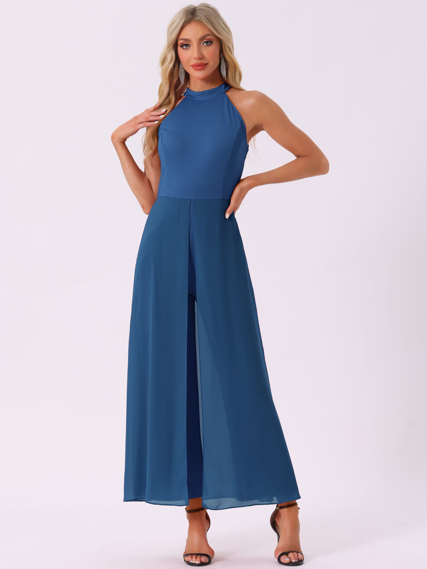 Women's Summer Sleeveless Halter Neck Wedding Chiffon Wide Leg Dressy Elegant Jumpsuit