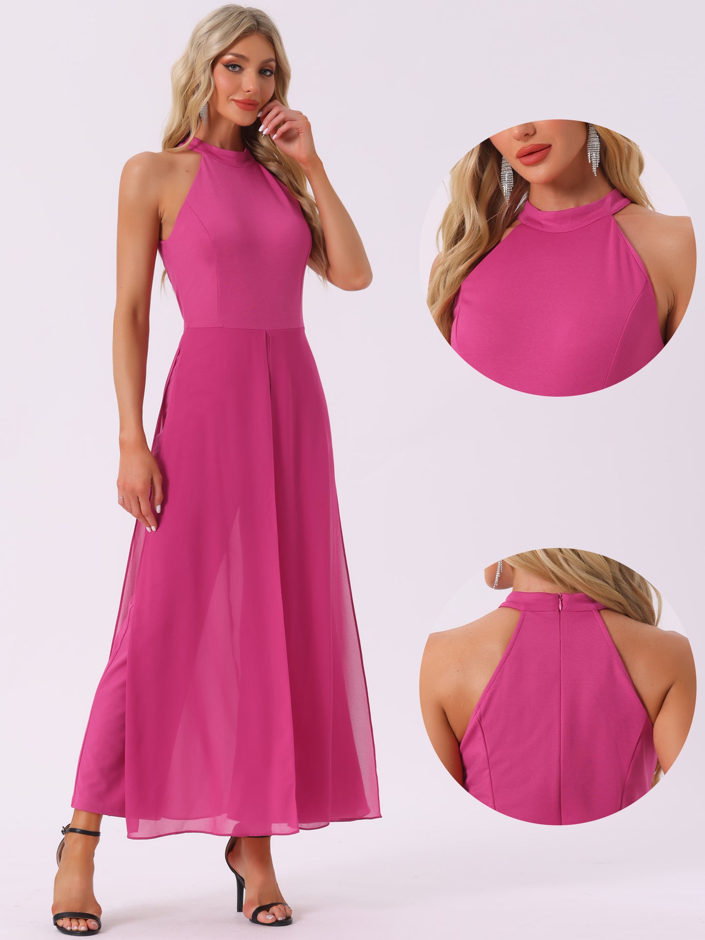 Women's Summer Sleeveless Halter Neck Wedding Chiffon Wide Leg Dressy Elegant Jumpsuit