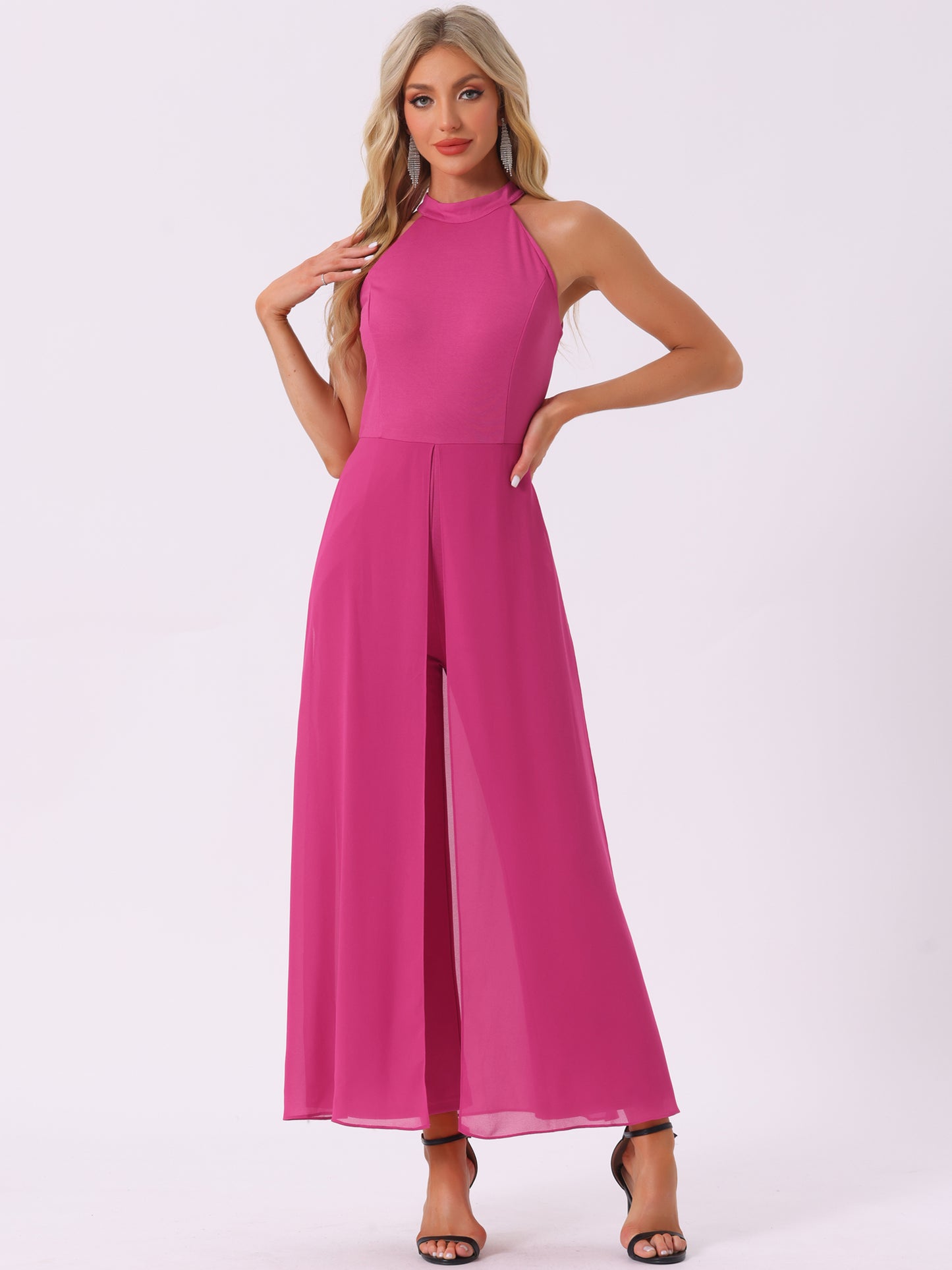 Women's Summer Sleeveless Halter Neck Wedding Chiffon Wide Leg Dressy Elegant Jumpsuit