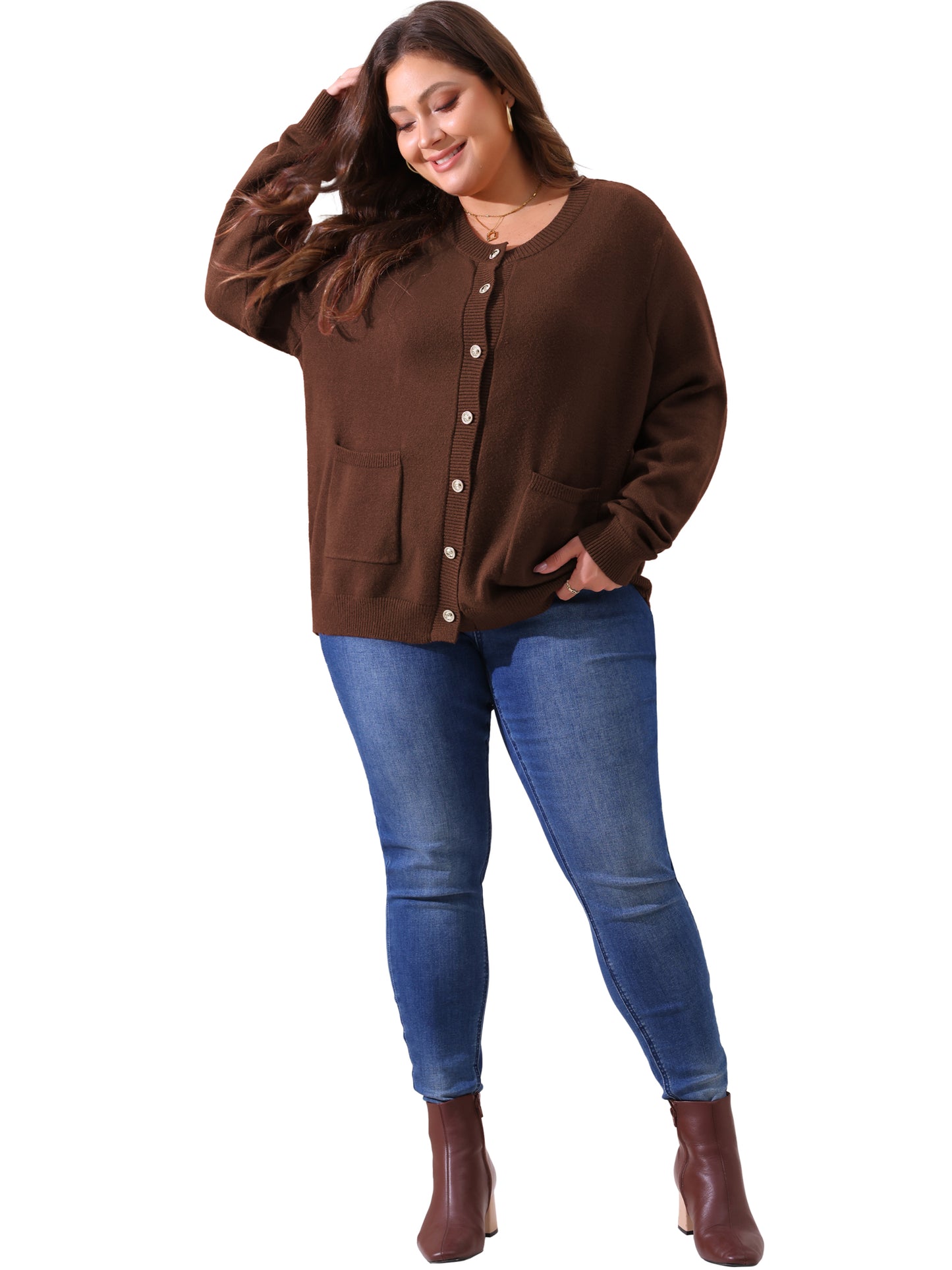 Women Plus Size Cardigan Sweaters Long Sleeve Button Down Crew Neck Classic Sweater Knit Cardigans