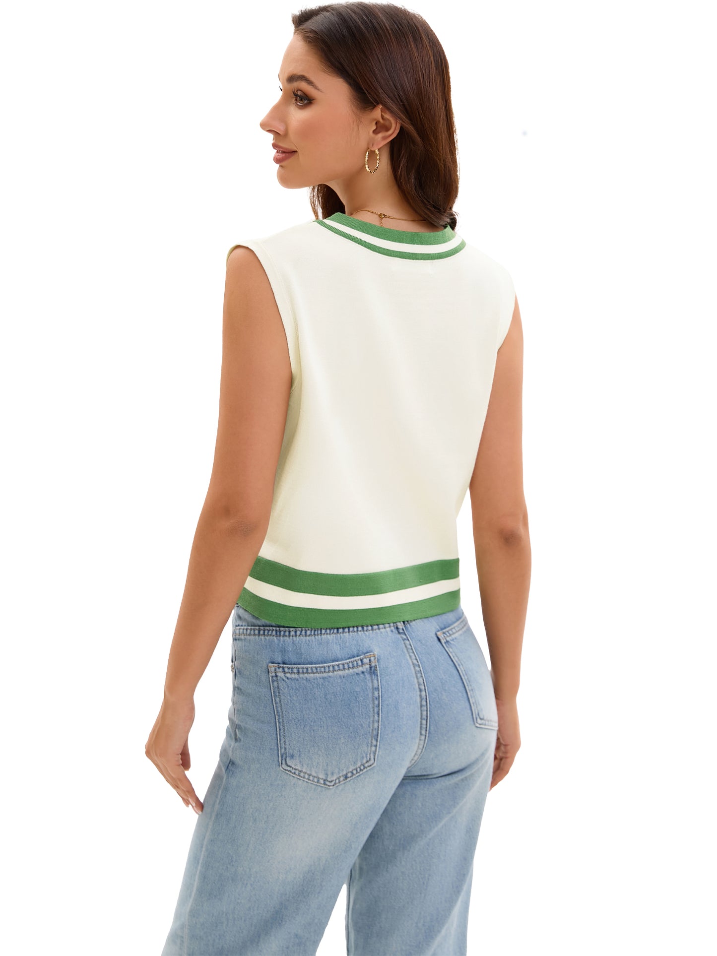 Womens Cropped Sweater Vest Summer V Neck Color Block Sleeveless Crop Tank Top Loose Fit Knitwear