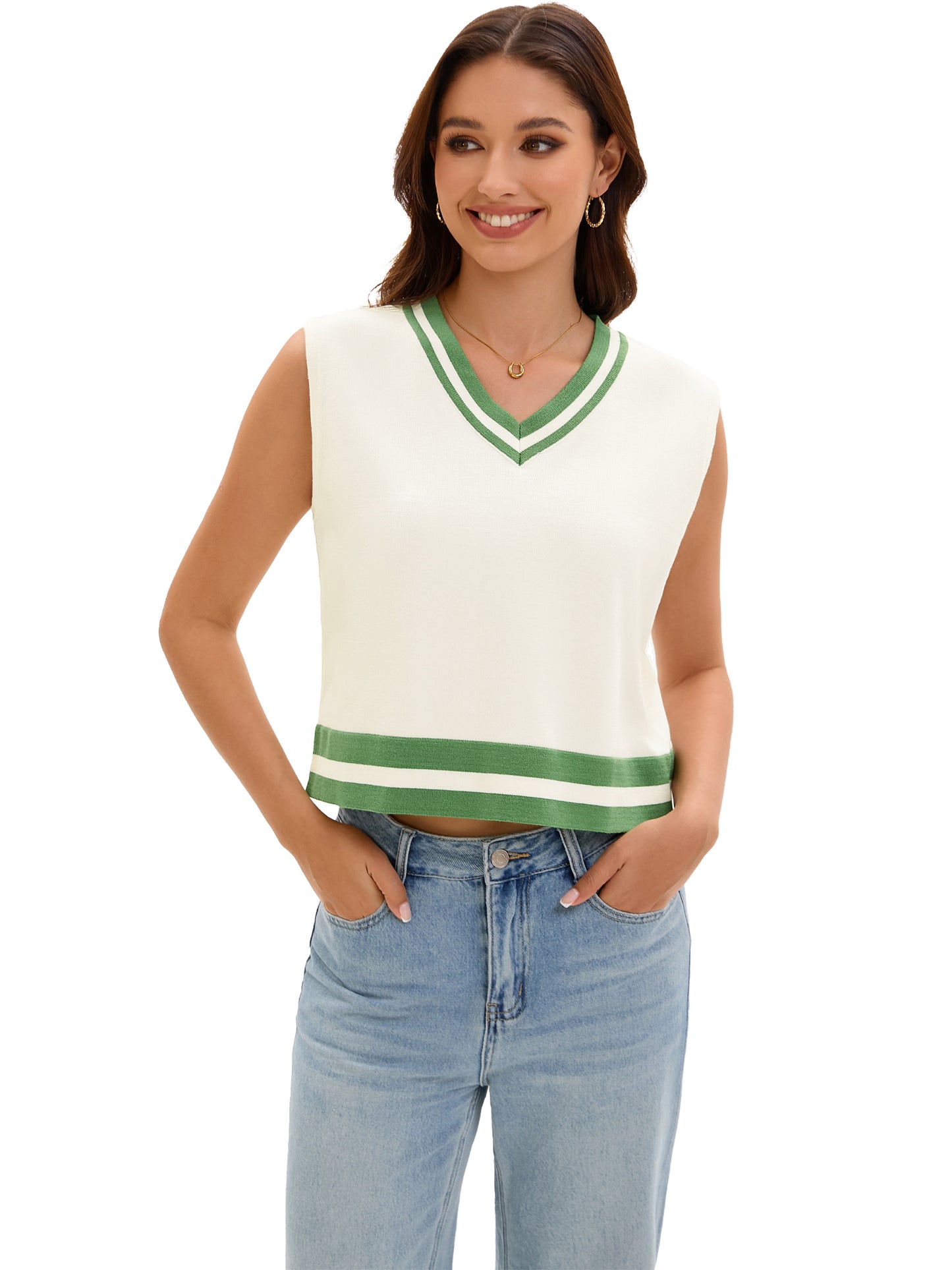 Womens Cropped Sweater Vest Summer V Neck Color Block Sleeveless Crop Tank Top Loose Fit Knitwear