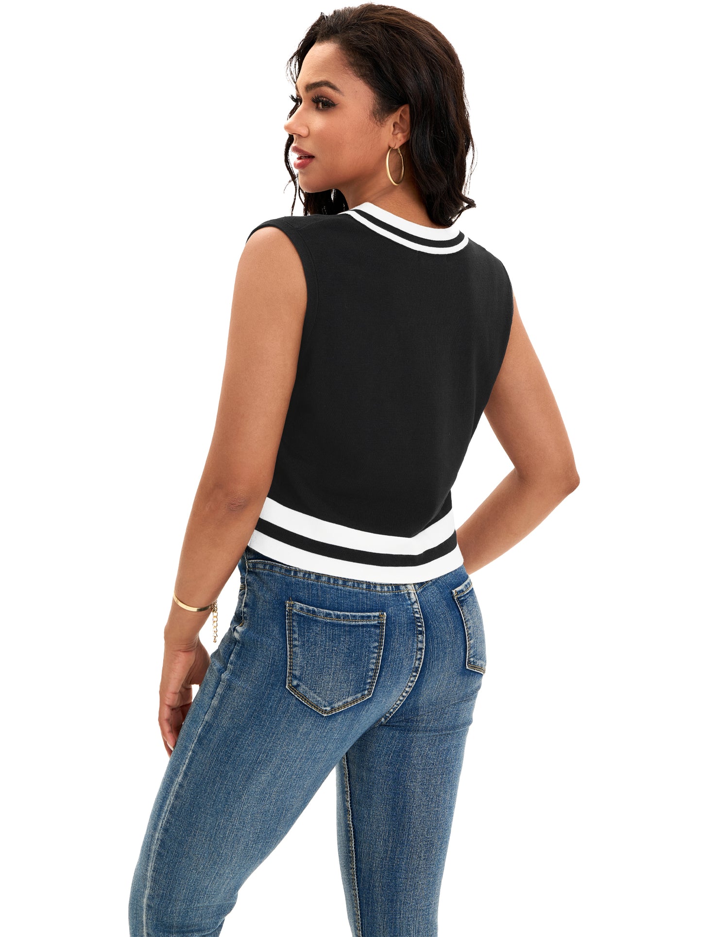 Womens Cropped Sweater Vest Summer V Neck Color Block Sleeveless Crop Tank Top Loose Fit Knitwear