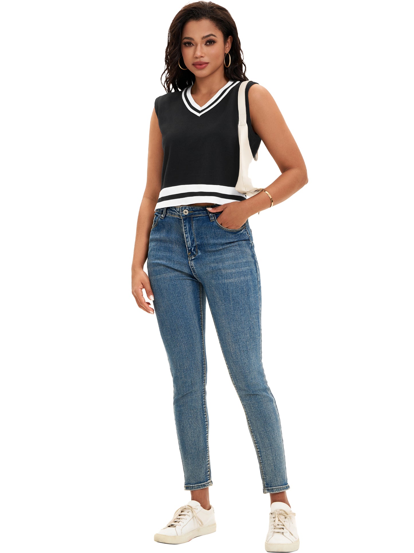 Womens Cropped Sweater Vest Summer V Neck Color Block Sleeveless Crop Tank Top Loose Fit Knitwear