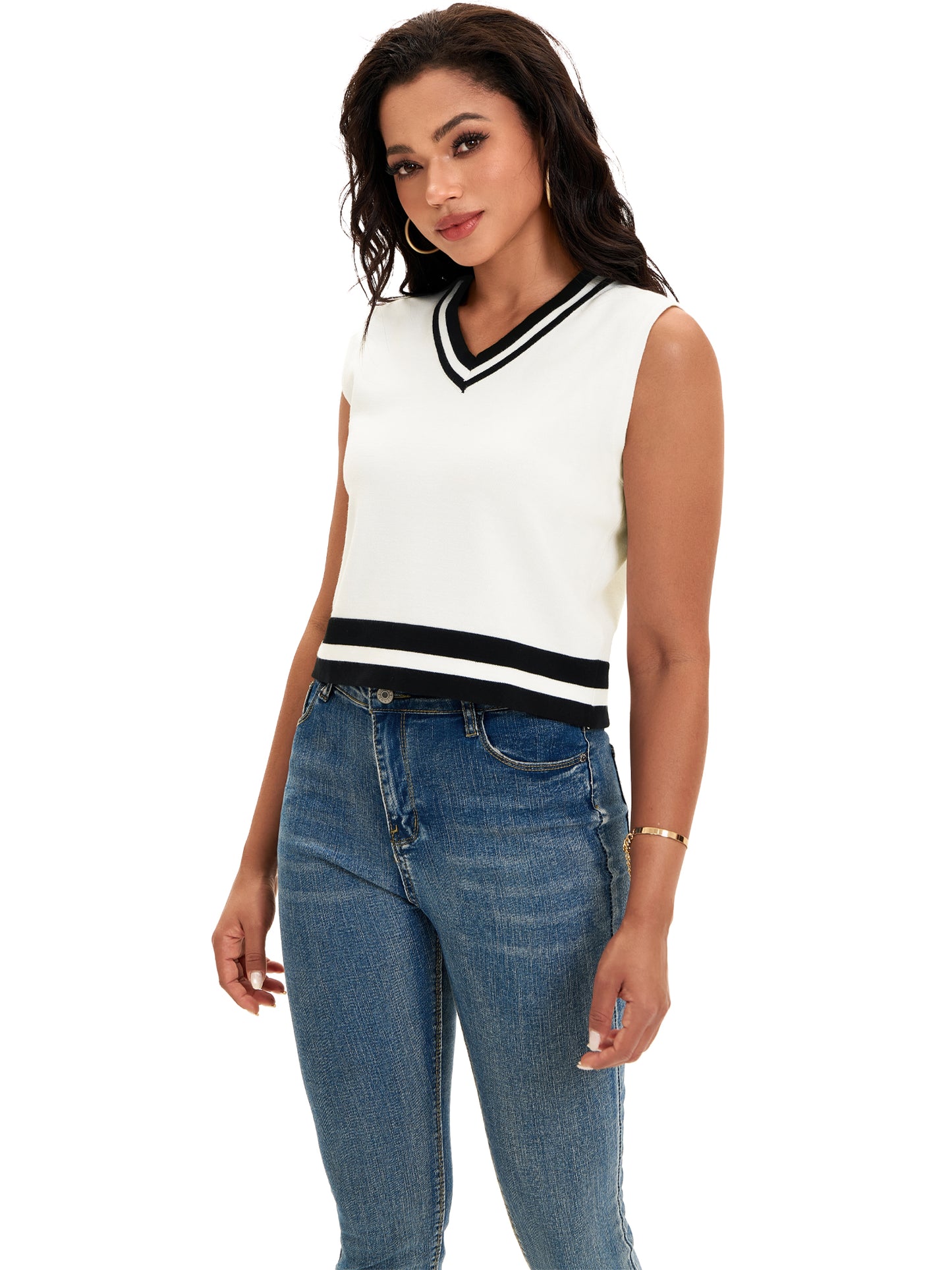 Womens Cropped Sweater Vest Summer V Neck Color Block Sleeveless Crop Tank Top Loose Fit Knitwear
