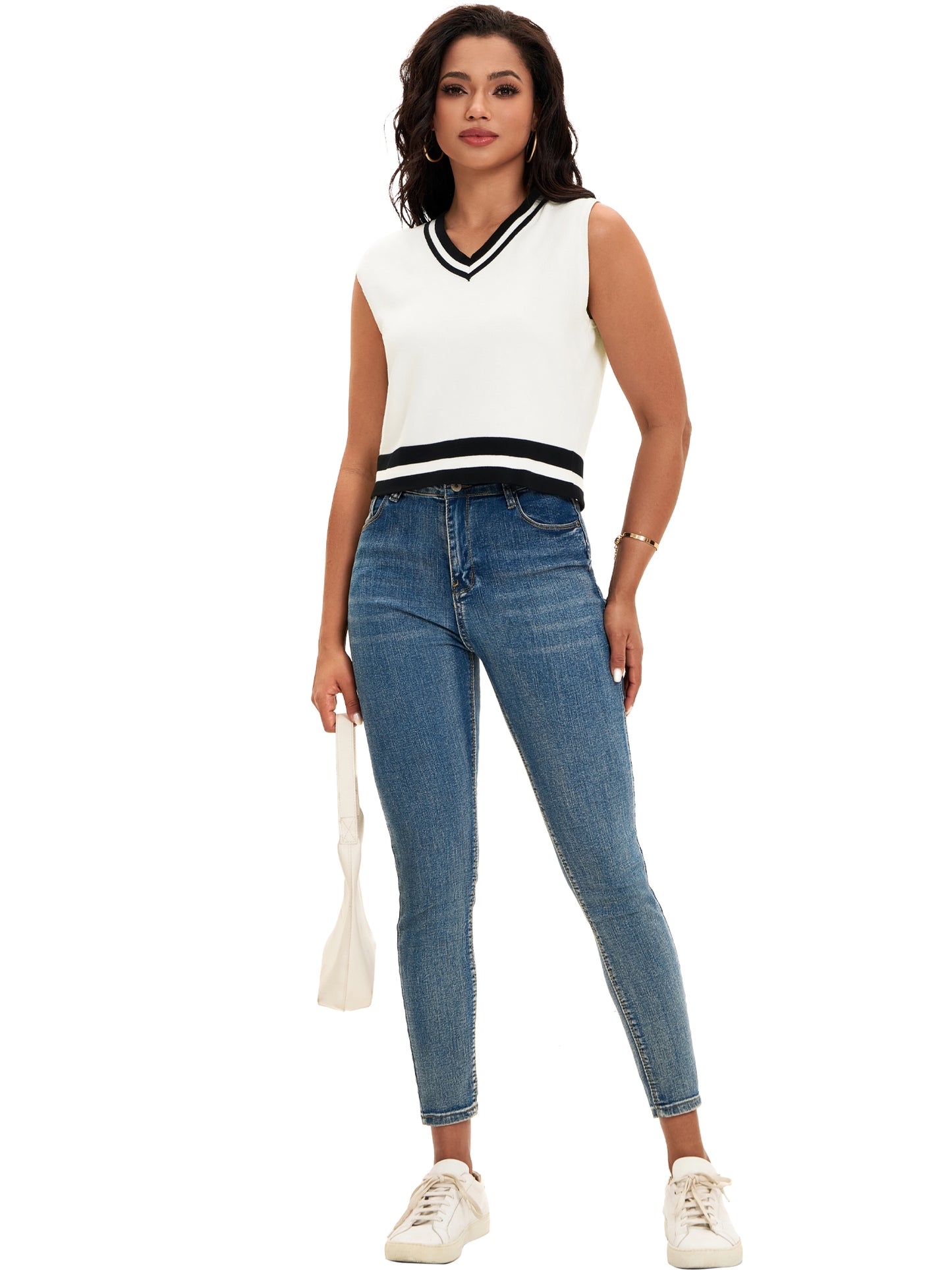 Womens Cropped Sweater Vest Summer V Neck Color Block Sleeveless Crop Tank Top Loose Fit Knitwear