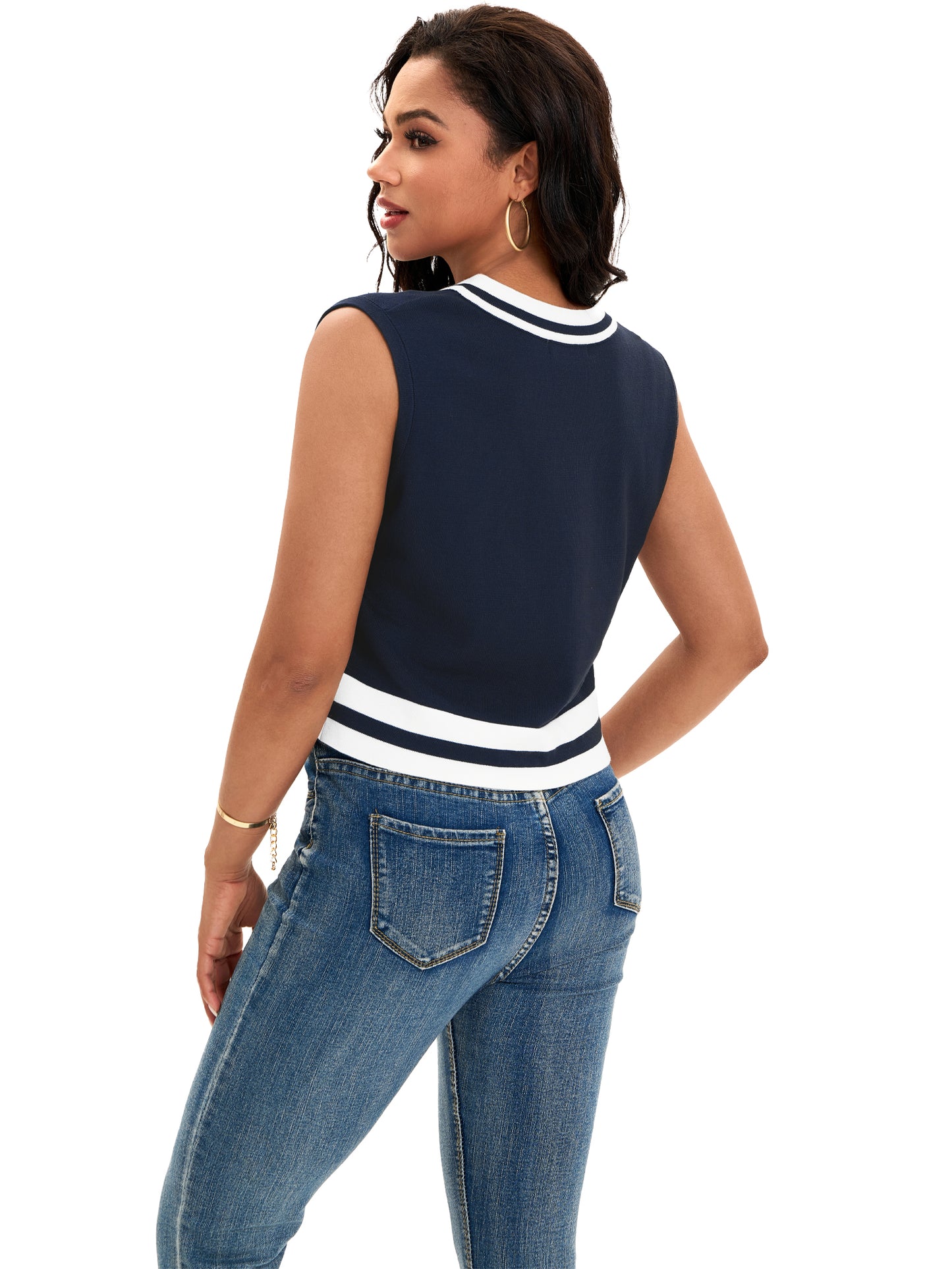 Womens Cropped Sweater Vest Summer V Neck Color Block Sleeveless Crop Tank Top Loose Fit Knitwear