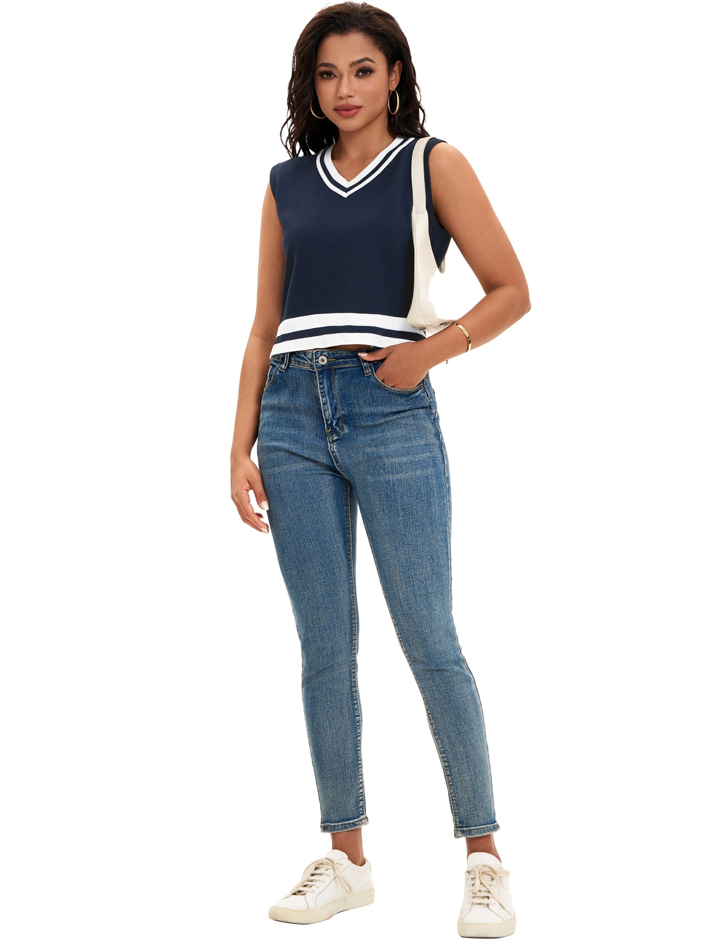 Womens Cropped Sweater Vest Summer V Neck Color Block Sleeveless Crop Tank Top Loose Fit Knitwear