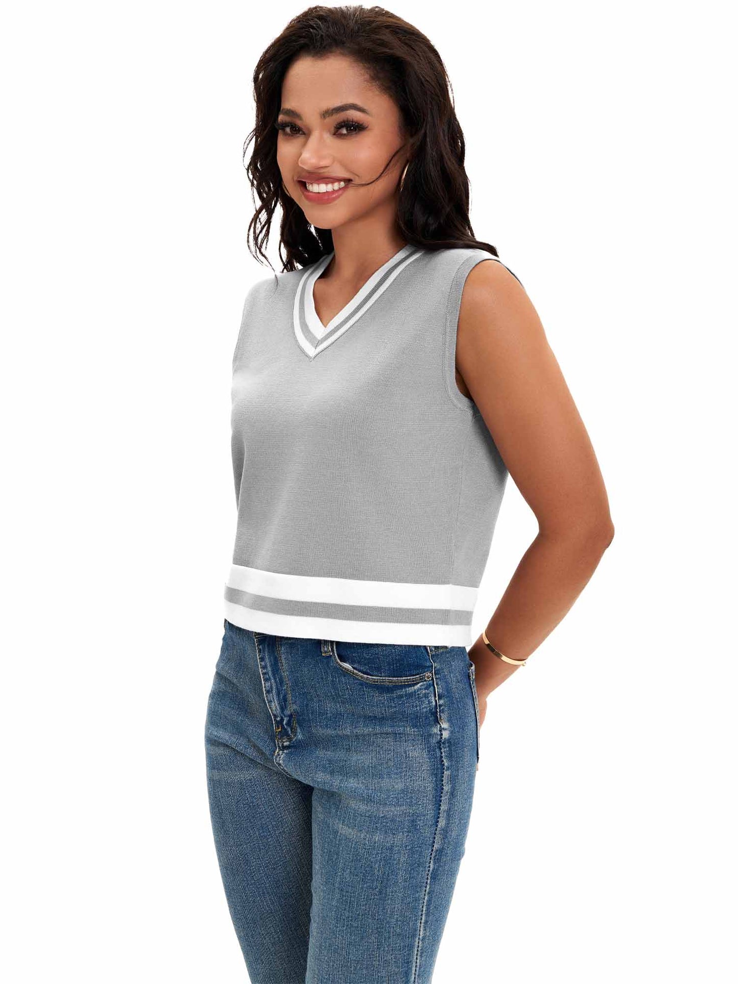 Womens Cropped Sweater Vest Summer V Neck Color Block Sleeveless Crop Tank Top Loose Fit Knitwear