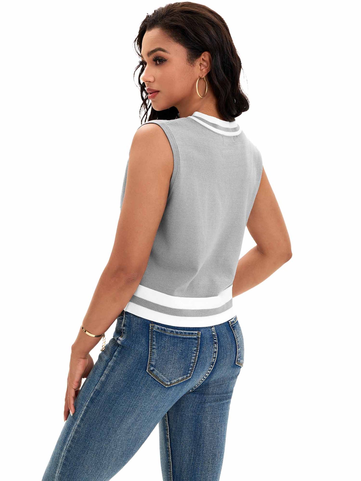 Womens Cropped Sweater Vest Summer V Neck Color Block Sleeveless Crop Tank Top Loose Fit Knitwear
