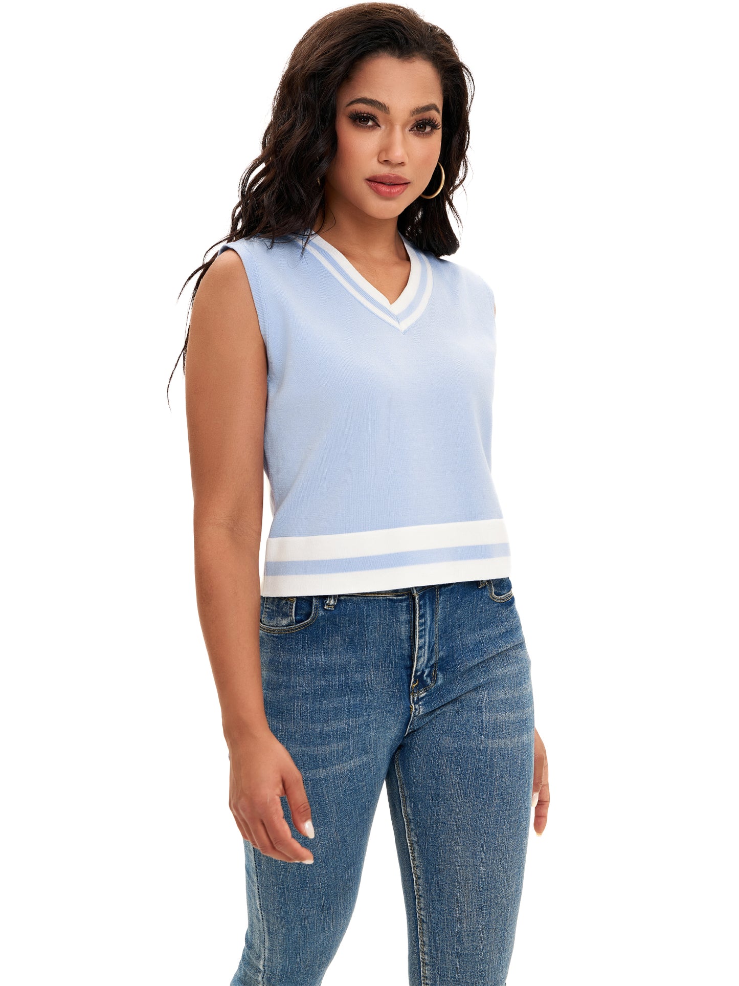 Womens Cropped Sweater Vest Summer V Neck Color Block Sleeveless Crop Tank Top Loose Fit Knitwear