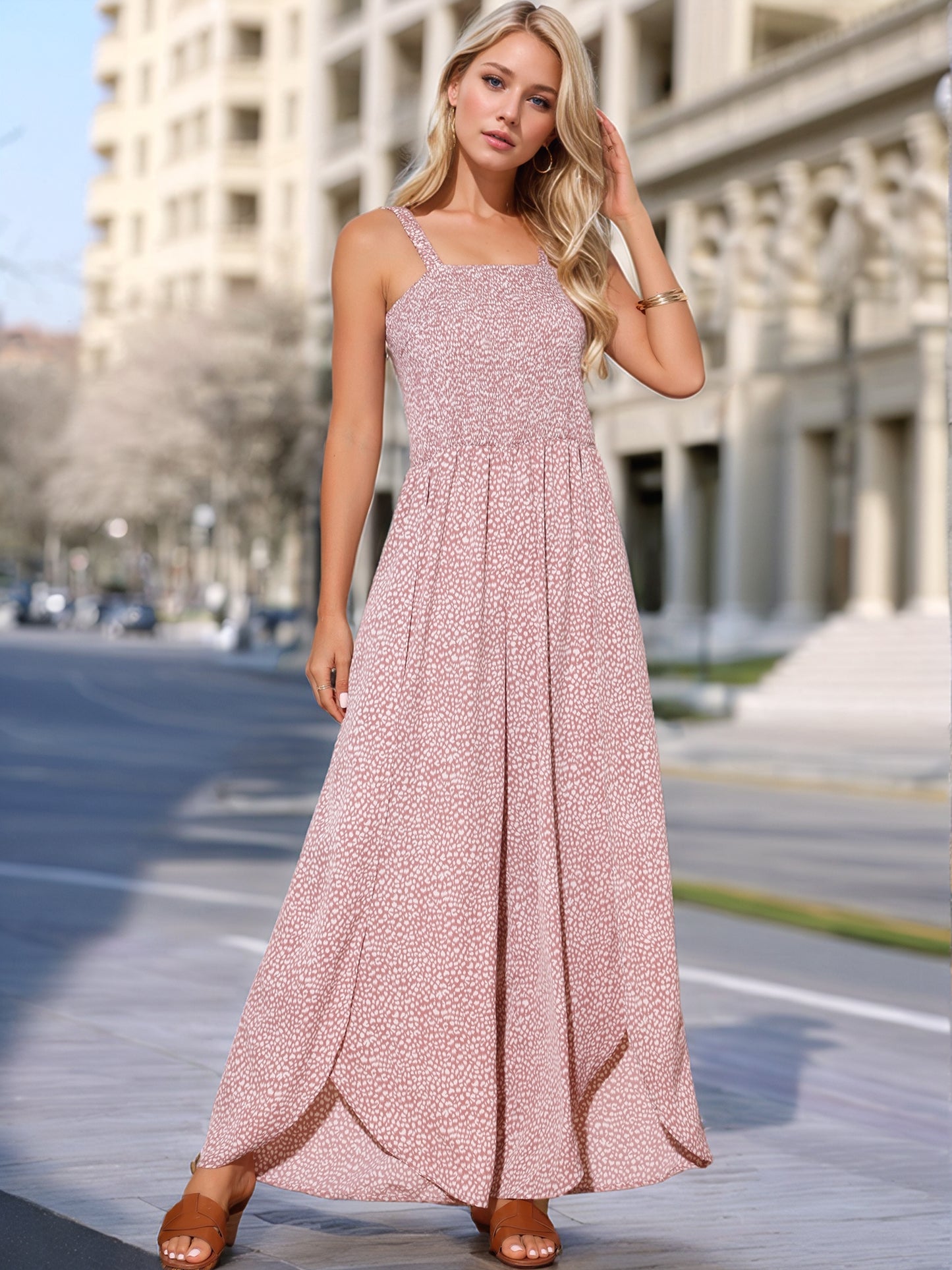 Women's Casual Loose Overalls Jumpsuits Sleeveless Split Wide Leg Long Pant Rompers with Pockets