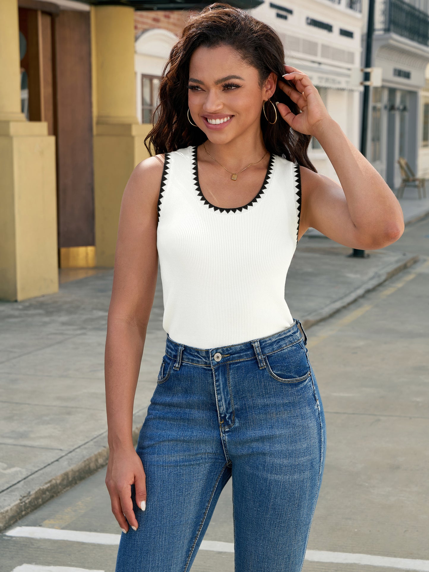 Womens Sleeveless Sweater Vest Summer Knit Scoop Neck Color Block Ribbed Casual Tank Top