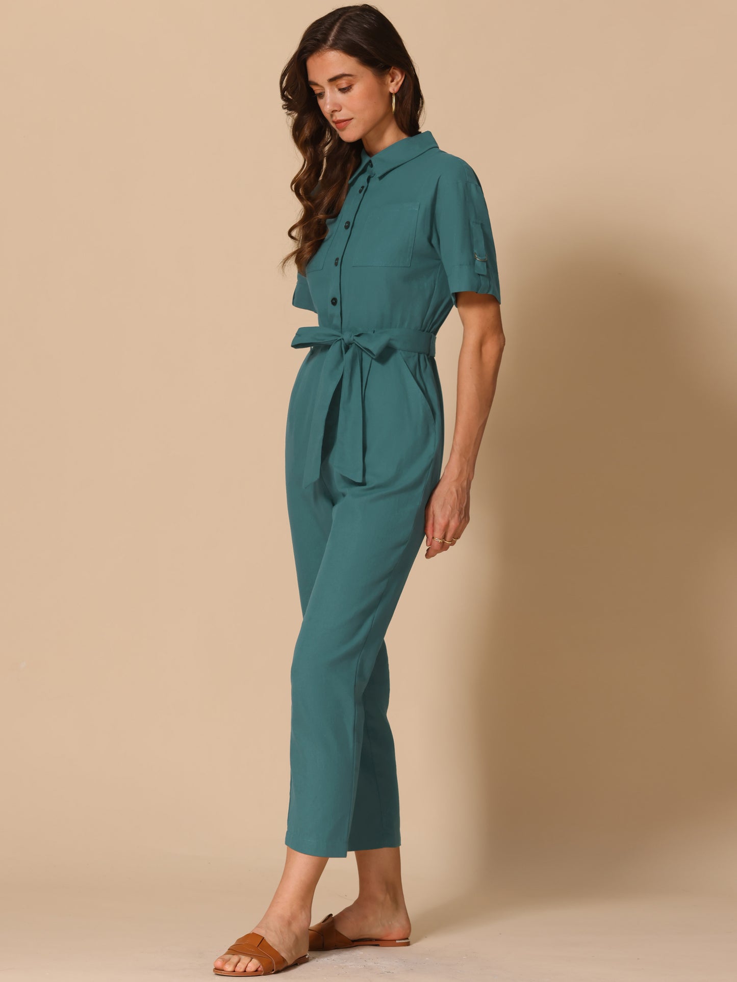 Mono cargo de algodón con cuello, manga corta y botones para mujer, con lazo en la cintura