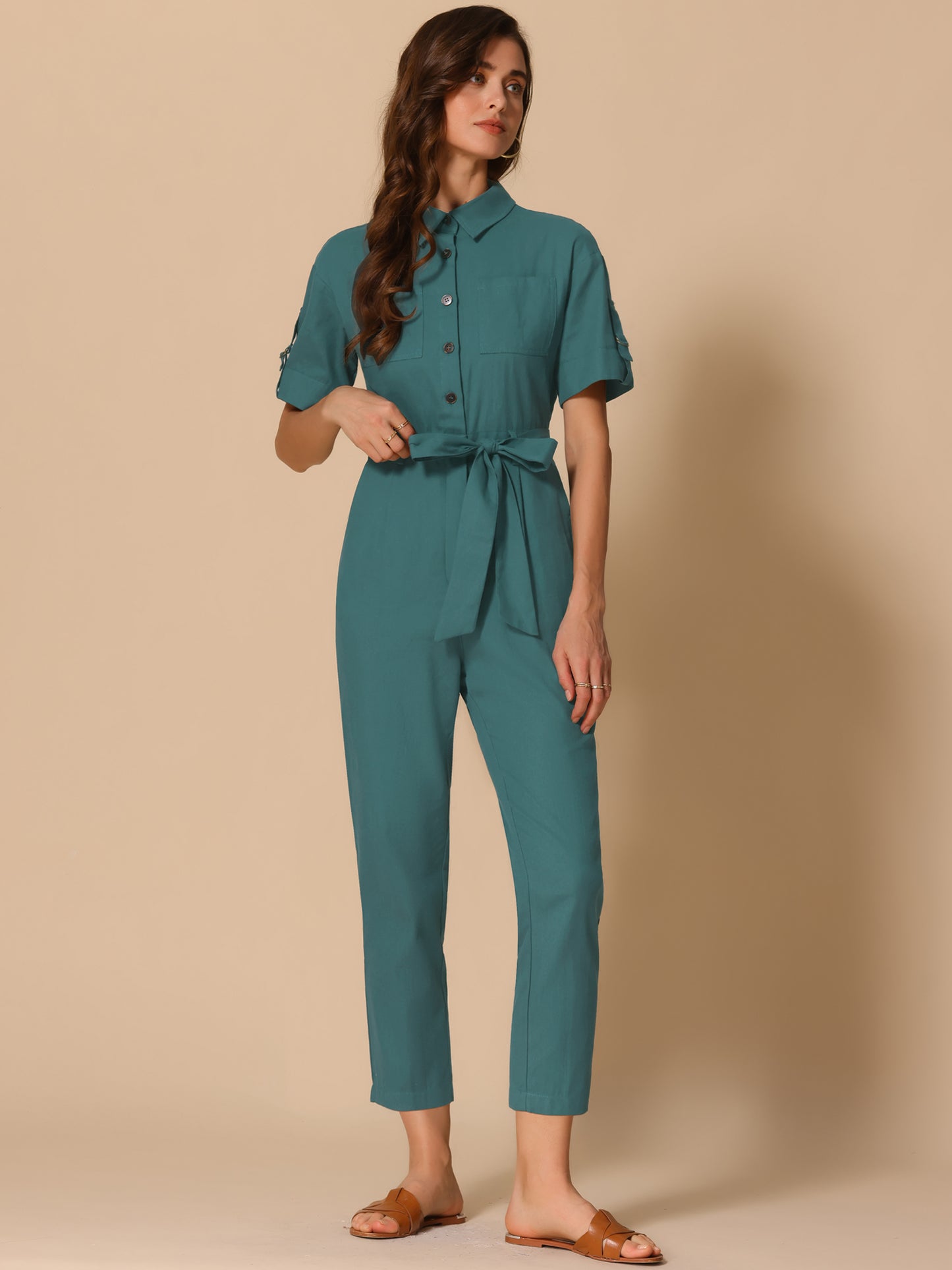 Mono cargo de algodón con cuello, manga corta y botones para mujer, con lazo en la cintura