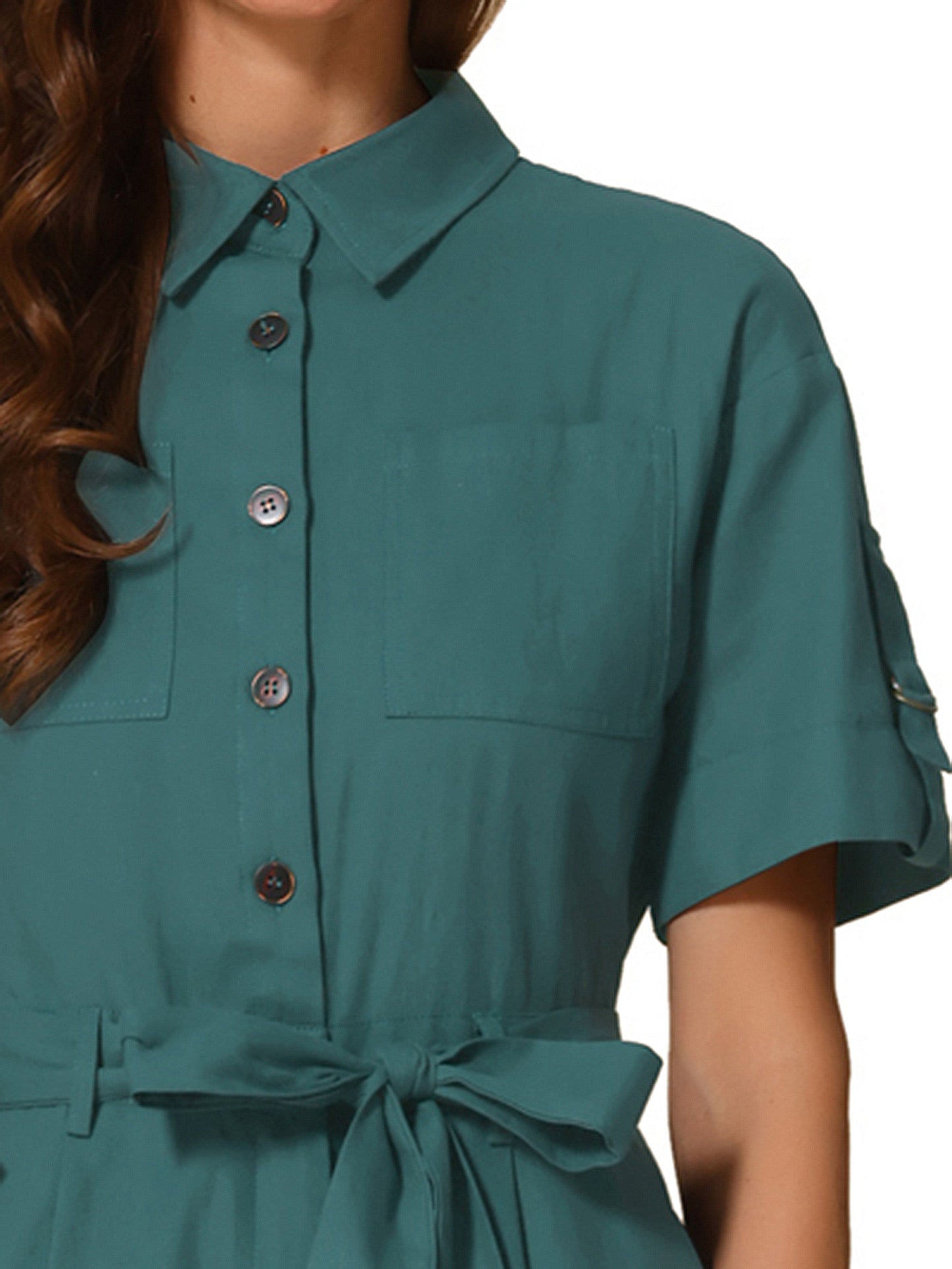 Mono cargo de algodón con cuello, manga corta y botones para mujer, con lazo en la cintura