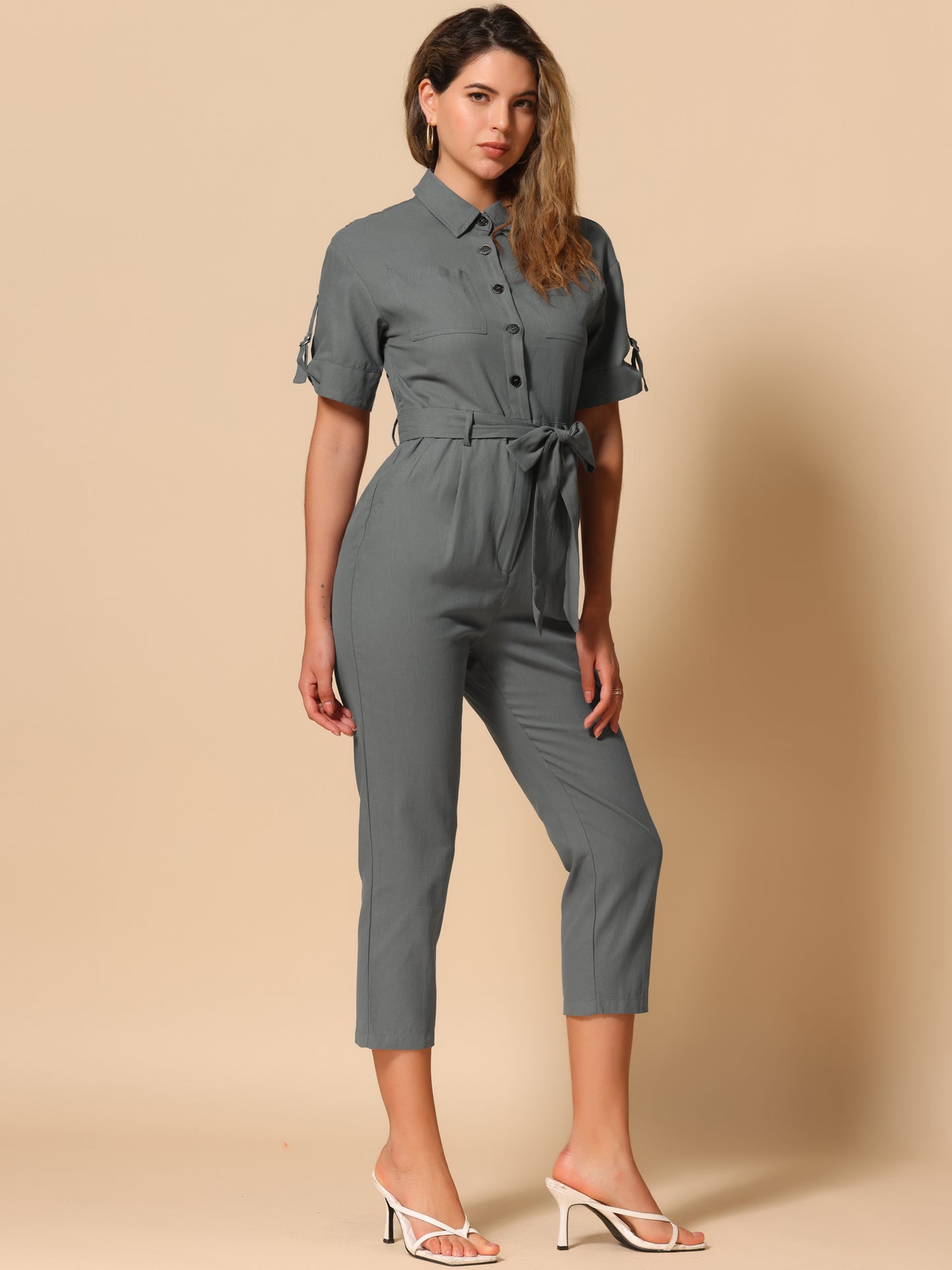 Mono cargo de algodón con cuello, manga corta y botones para mujer, con lazo en la cintura