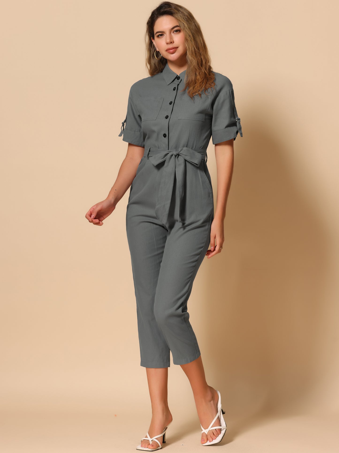 Mono cargo de algodón con cuello, manga corta y botones para mujer, con lazo en la cintura