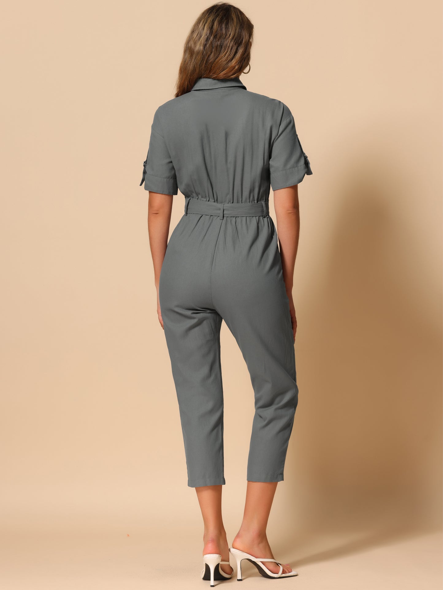 Mono cargo de algodón con cuello, manga corta y botones para mujer, con lazo en la cintura