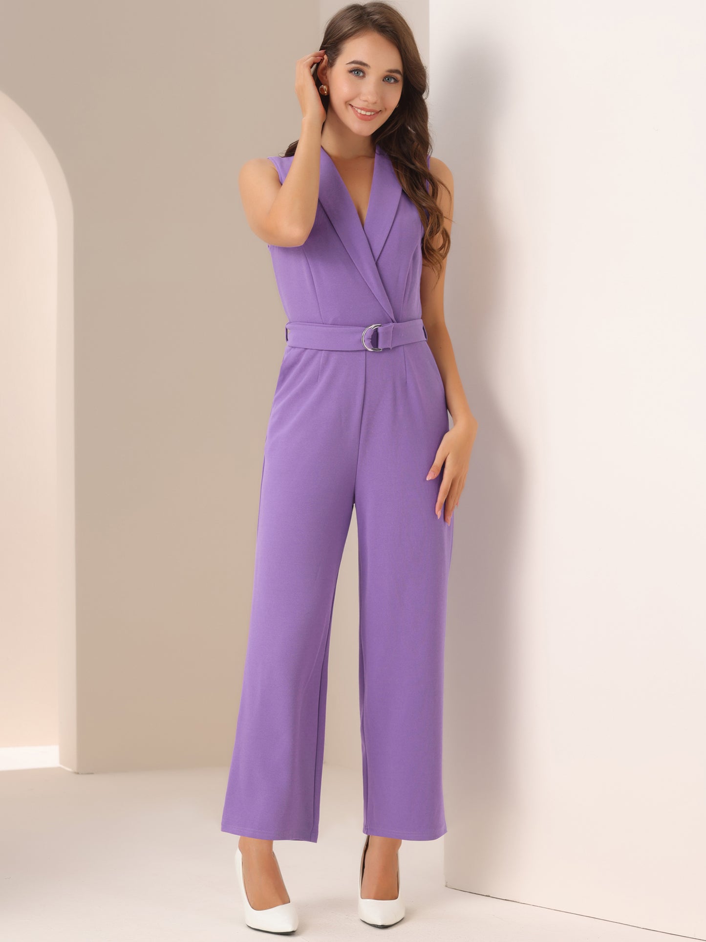 Women's Work Jumpsuit Formal Office Sleeveless Belted Jumpsuits Dressy Romper