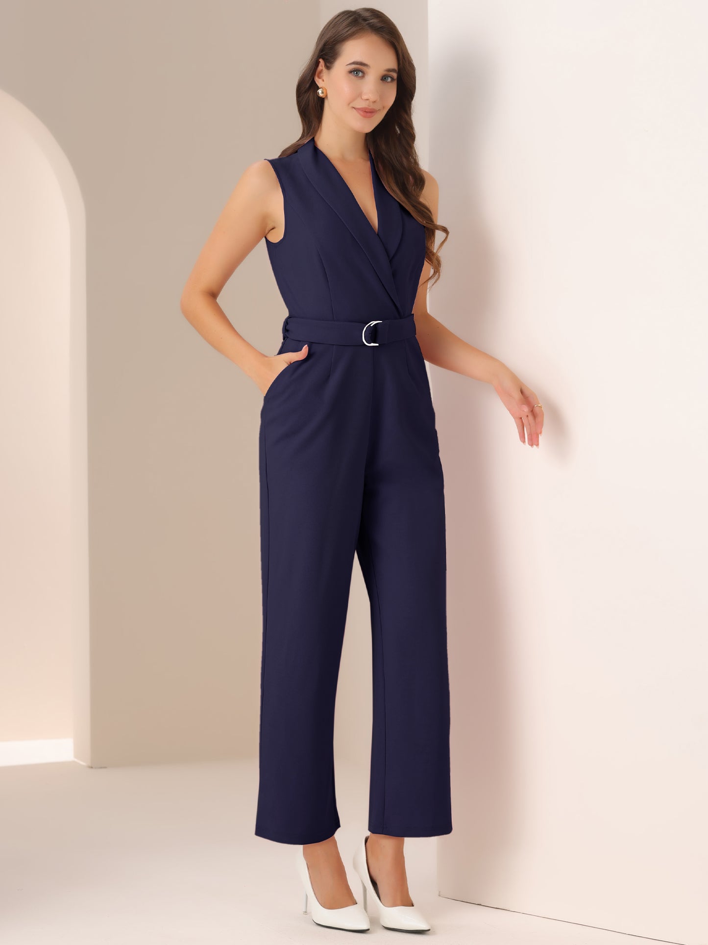 Mono de trabajo para mujer, mono formal de oficina sin mangas con cinturón, mono elegante