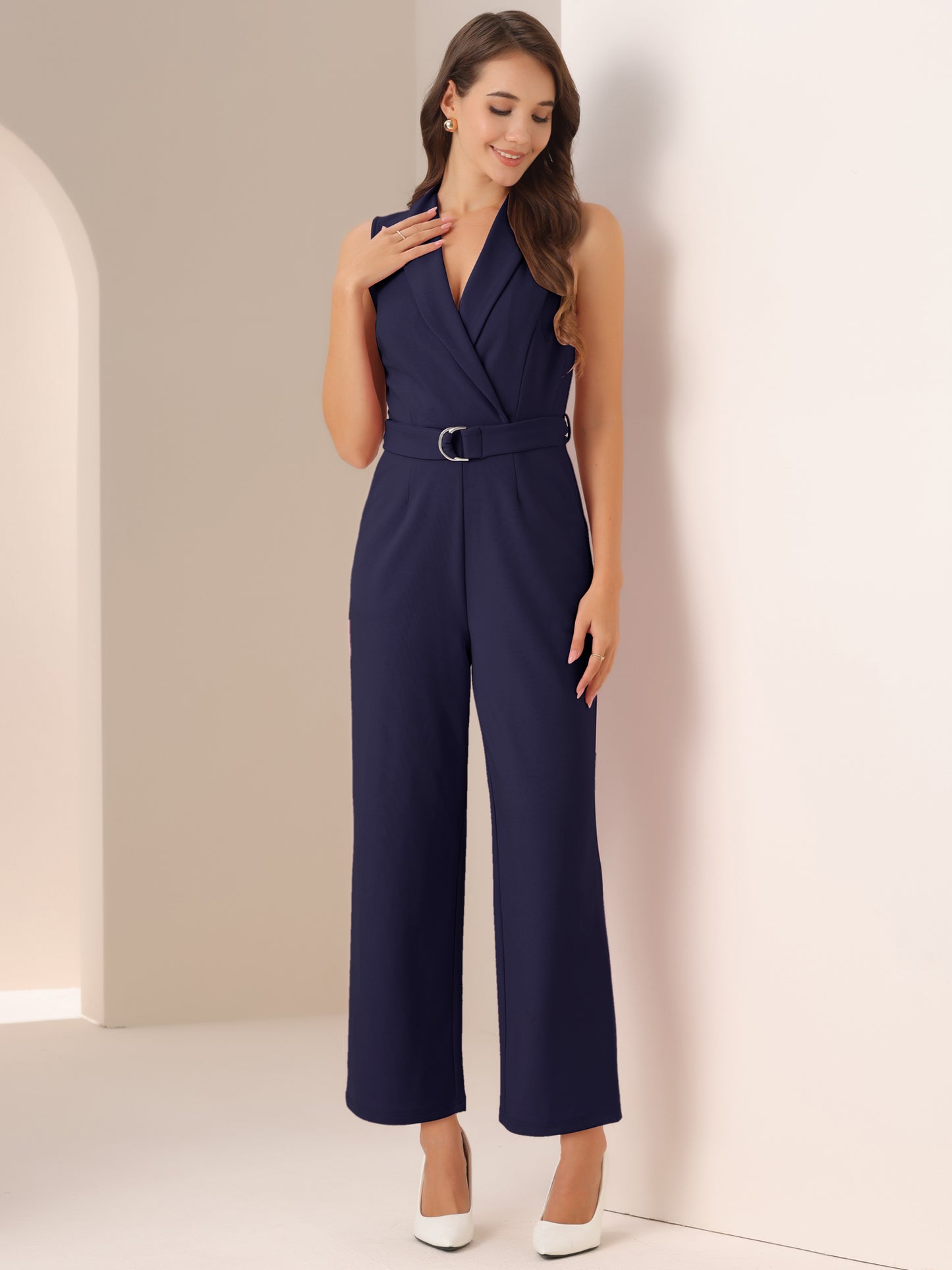 Mono de trabajo para mujer, mono formal de oficina sin mangas con cinturón, mono elegante
