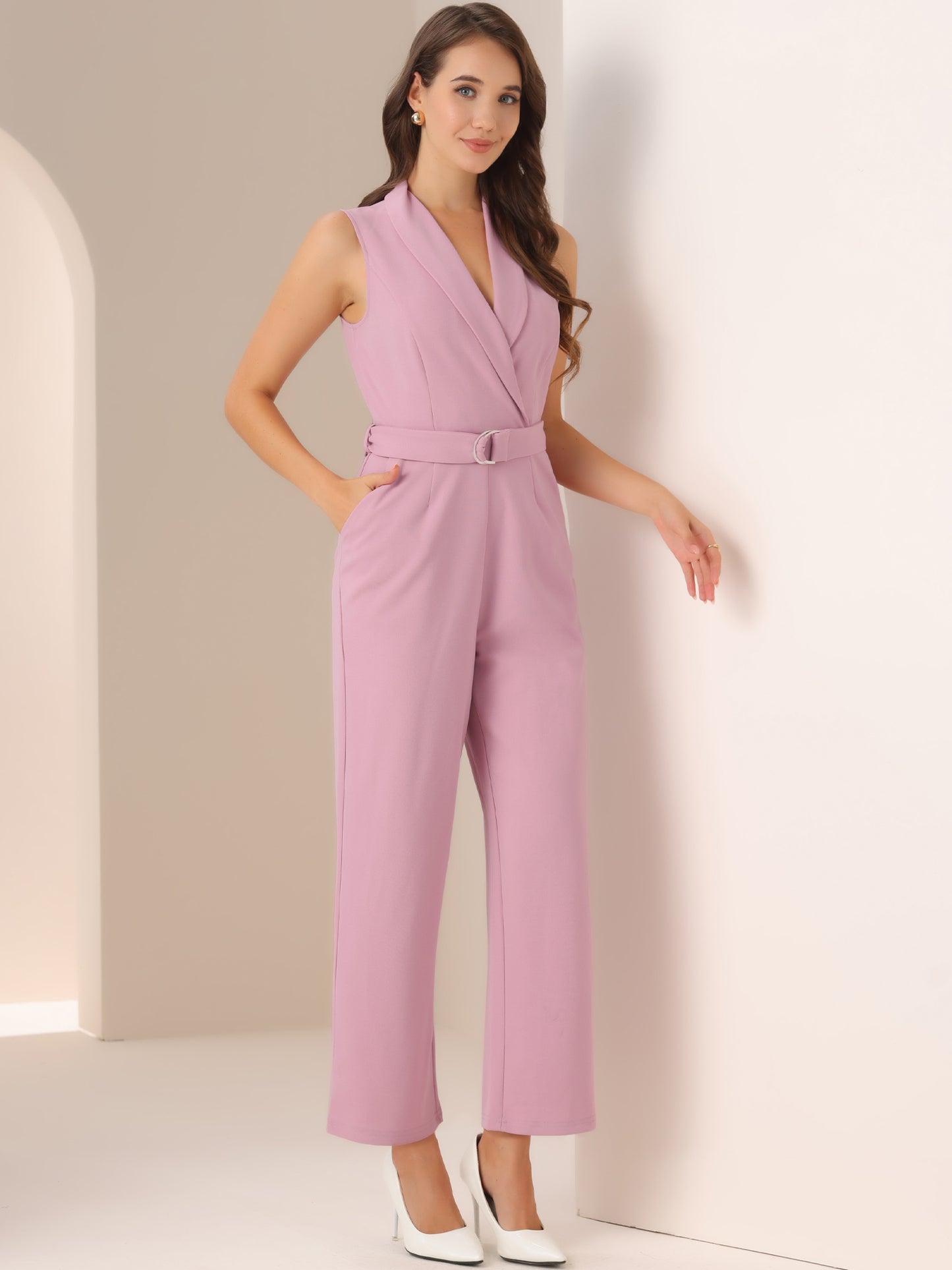 Women's Work Jumpsuit Formal Office Sleeveless Belted Jumpsuits Dressy Romper