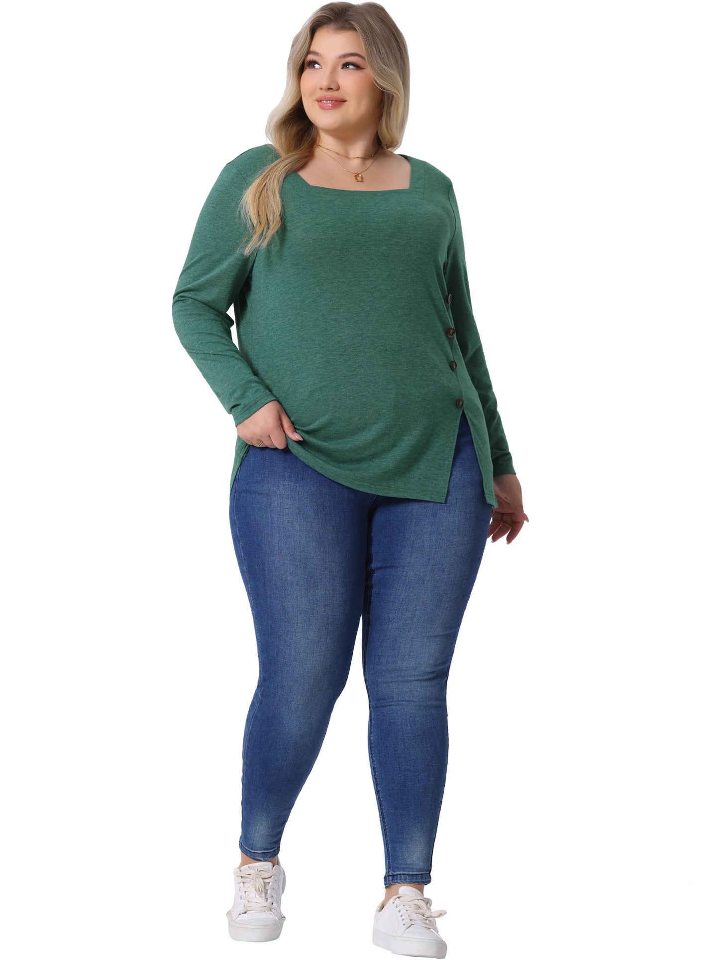 Women Plus Size Top Side Button Square Neck Long Sleeve Casual Tunic Blouse