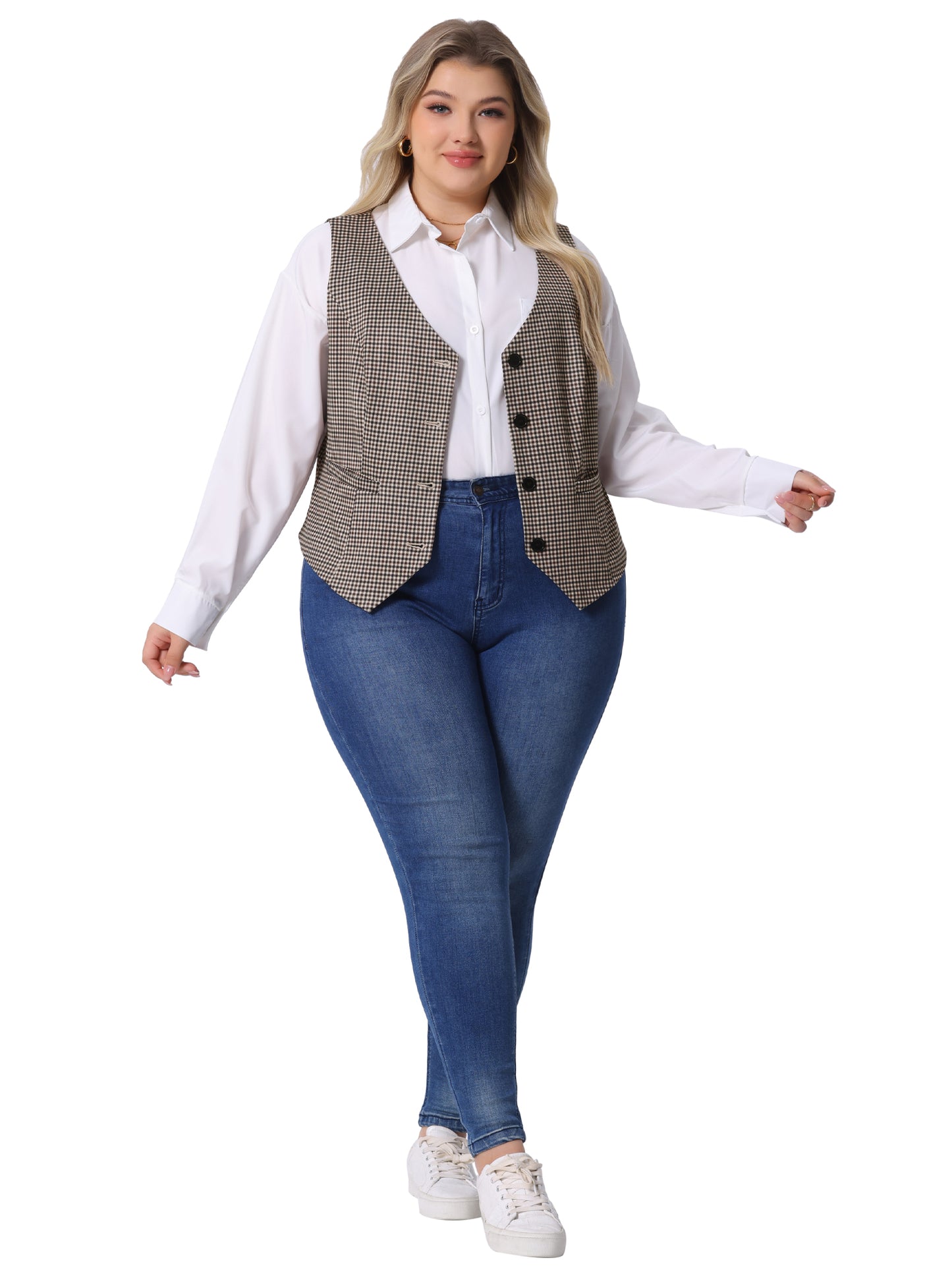 Women Plus Size Vest Retro Plaid Steampunk Sleeveless Button with Pockets Waistcoat Vest