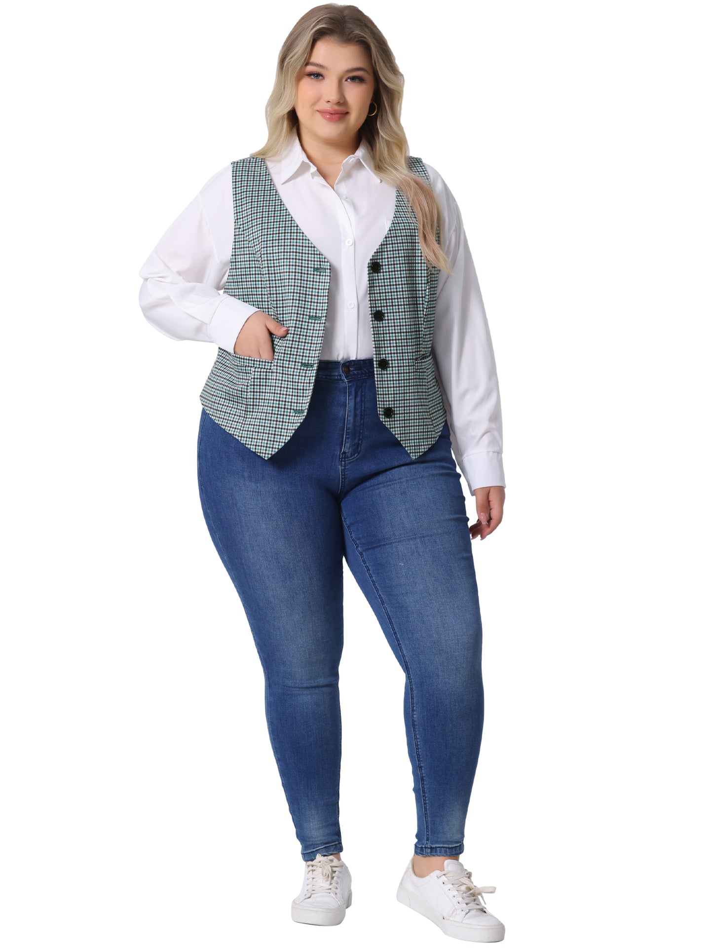 Women Plus Size Vest Retro Plaid Steampunk Sleeveless Button with Pockets Waistcoat Vest