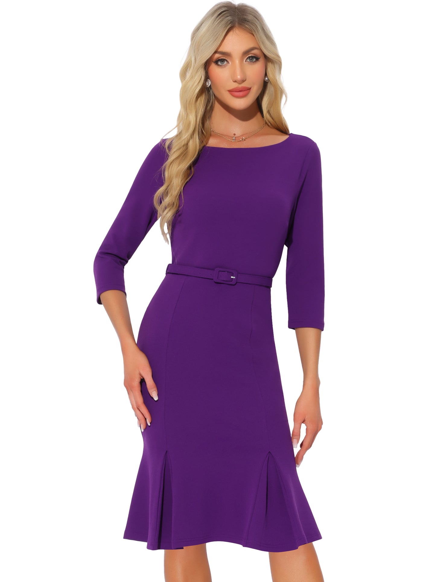 Women's Boat Neck 3/4 Sleeve Pleated Modest Midi Dress Business Elegant Formal Dresses (Available in Plus Size)