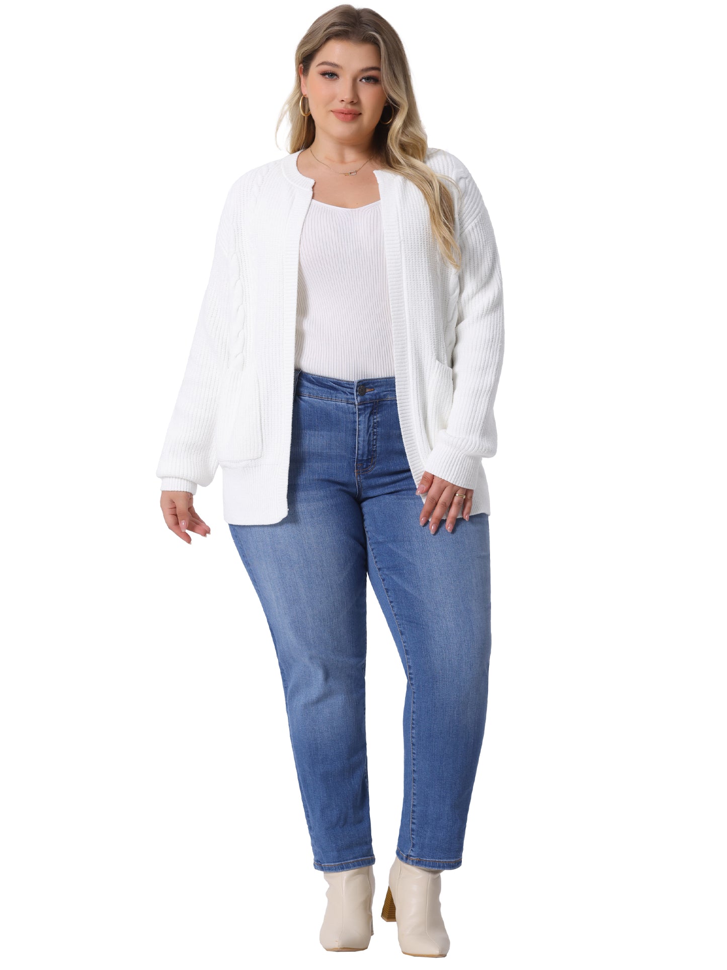 Women's Plus Size Long Sleeve Crew Neck Classic Knit Cardigan Sweaters with Pockets