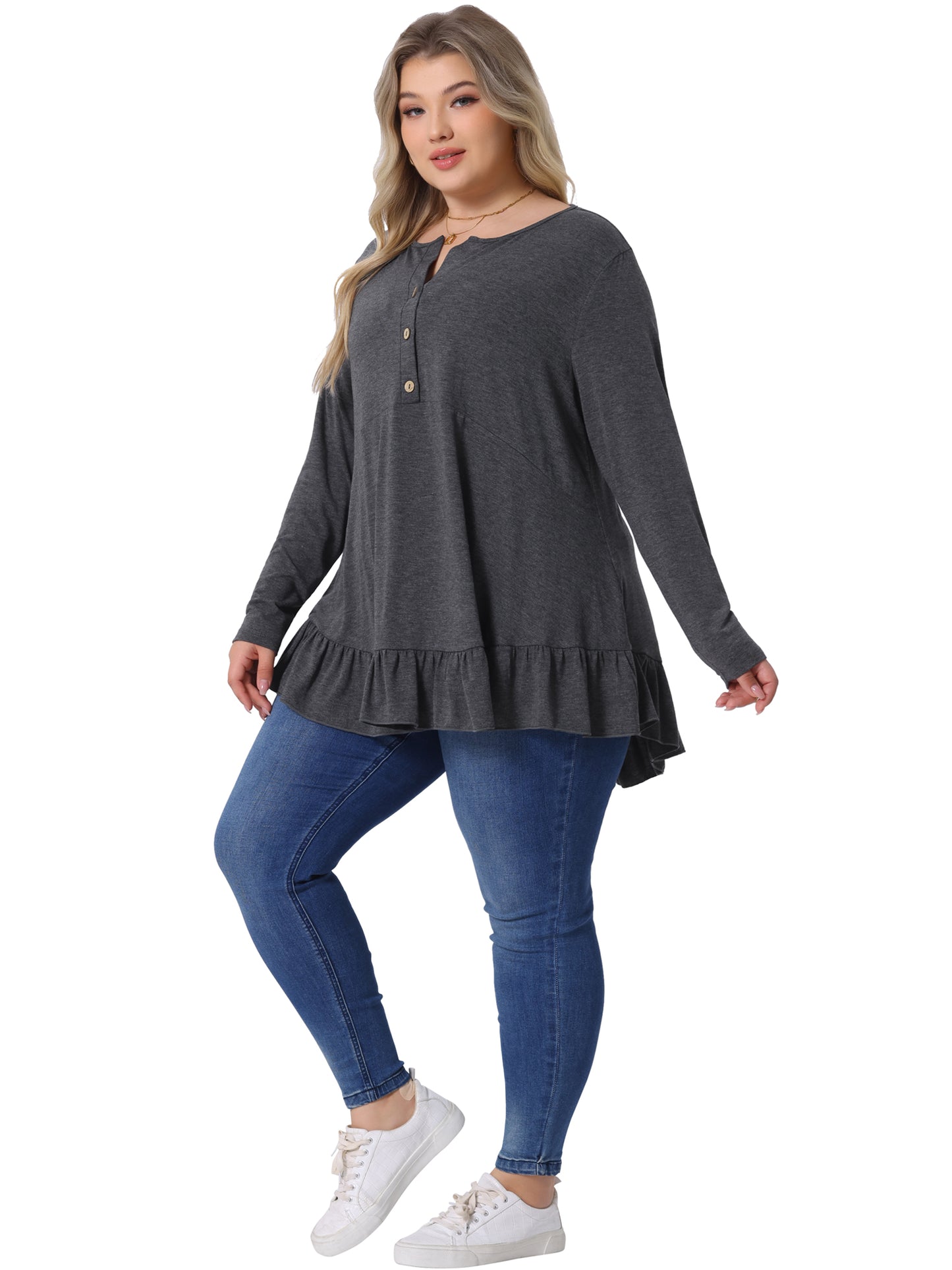 Women Plus Size Tunic Tops Button Henley V Neck Long Sleeve Ruffled Hem Swing Flowy Blouses