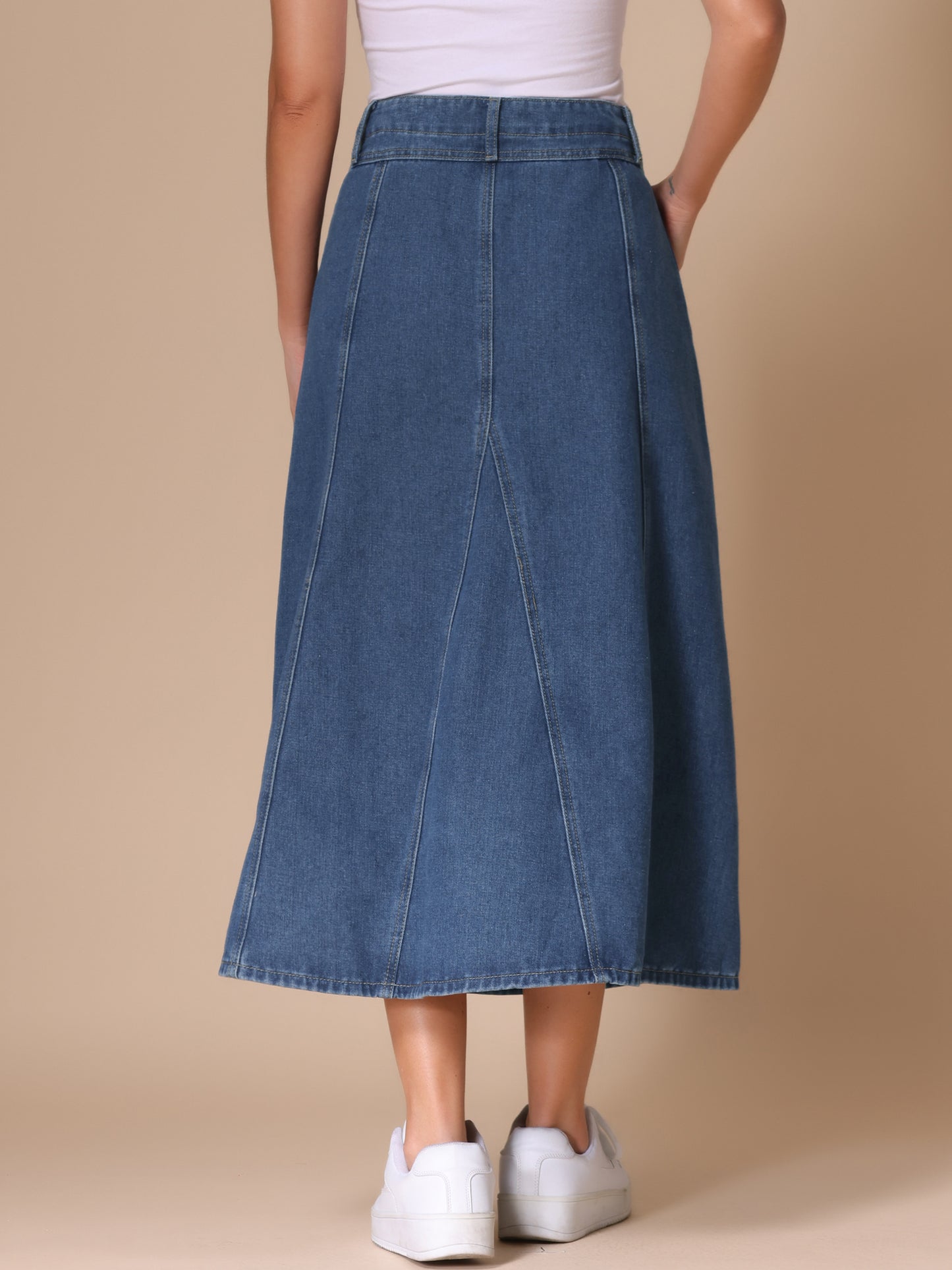 Women's Demin Skirt High Waist Pockets Casual A-line Jean Midi Skirt