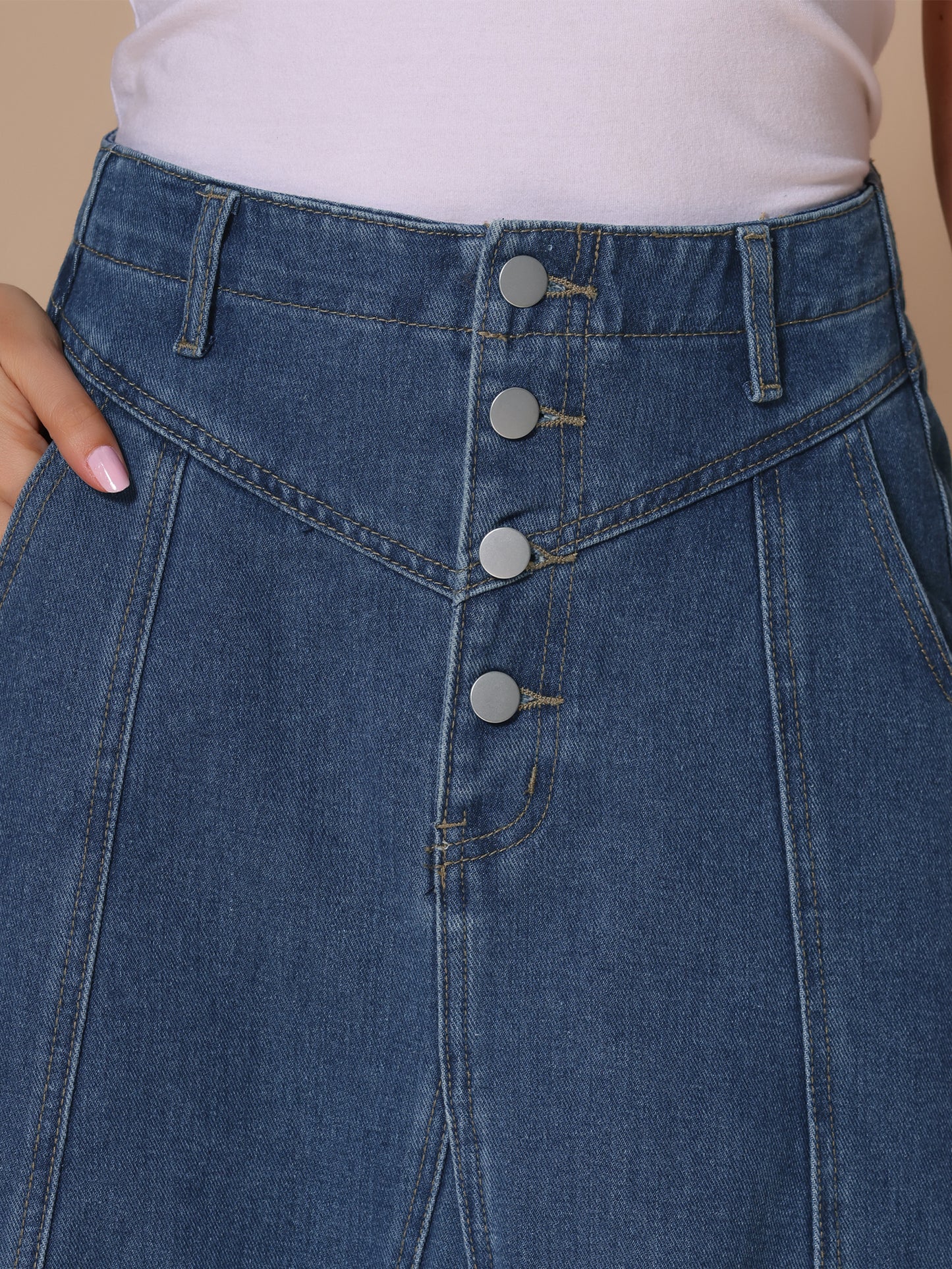 Women's Demin Skirt High Waist Pockets Casual A-line Jean Midi Skirt