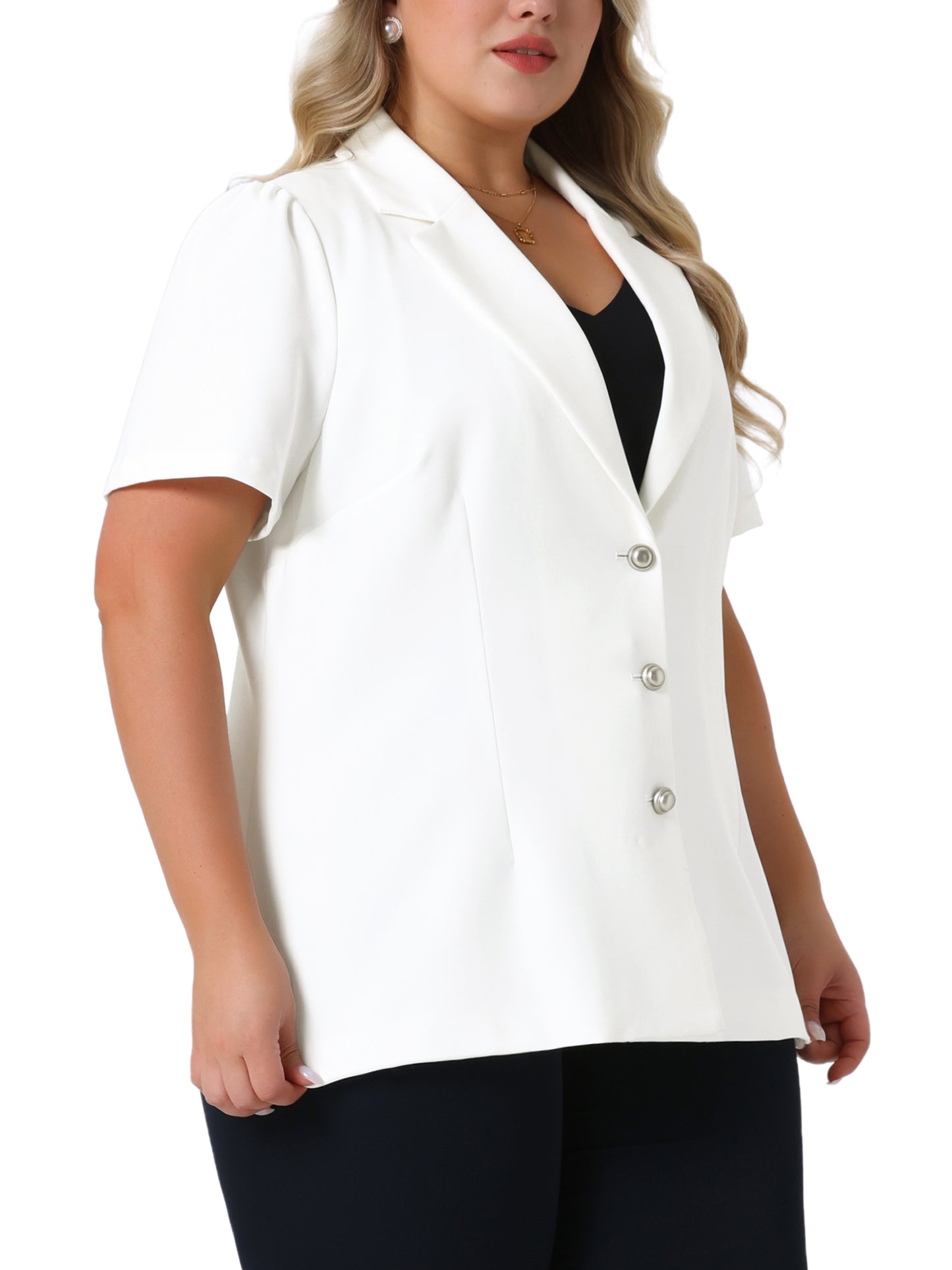 Women Plus Size Blazers Short Puff Sleeve Notched Lapel Single Breasted Office Blazer Jackets