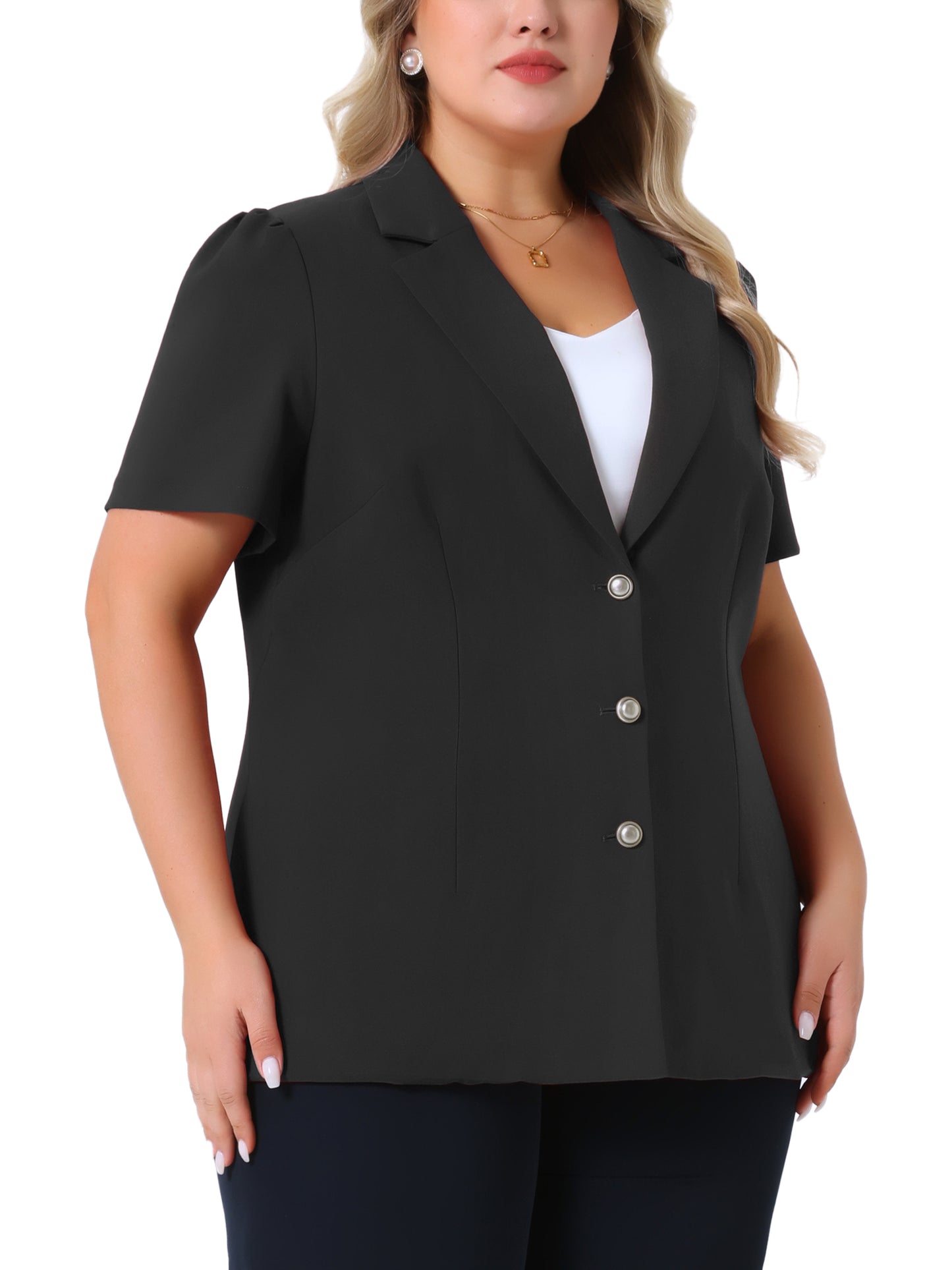 Women Plus Size Blazers Short Puff Sleeve Notched Lapel Single Breasted Office Blazer Jackets