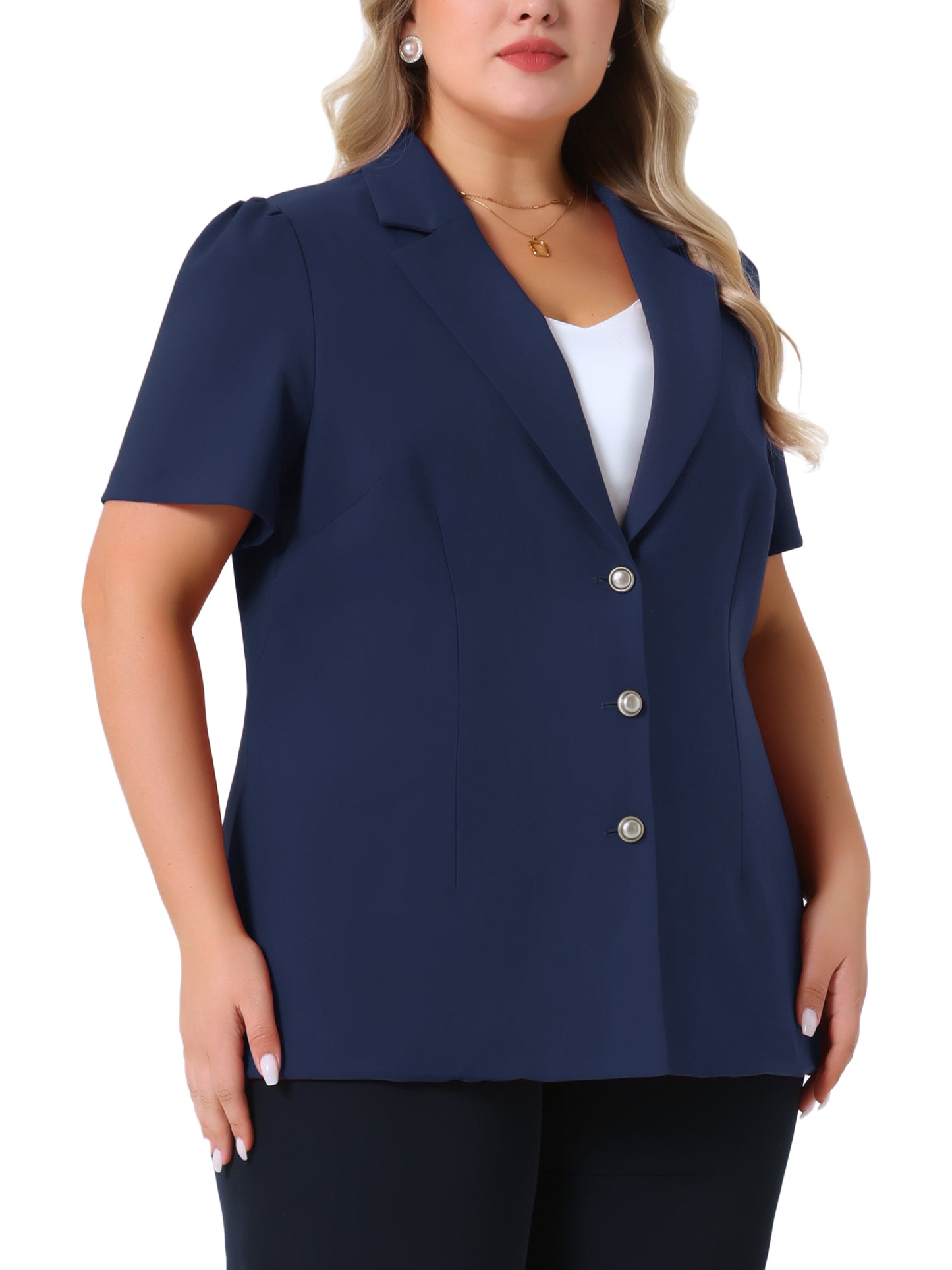 Blazers de talla grande para mujer, chaqueta de oficina de una sola botonadura con solapa con muescas y mangas cortas abullonadas