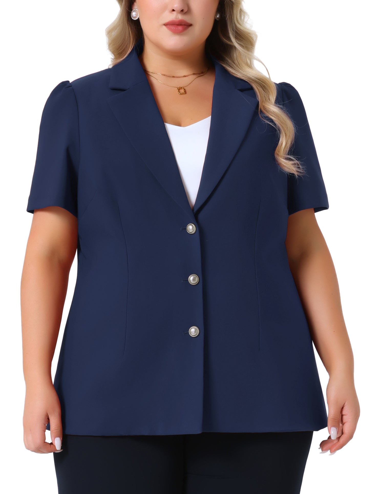 Blazers de talla grande para mujer, chaqueta de oficina de una sola botonadura con solapa con muescas y mangas cortas abullonadas