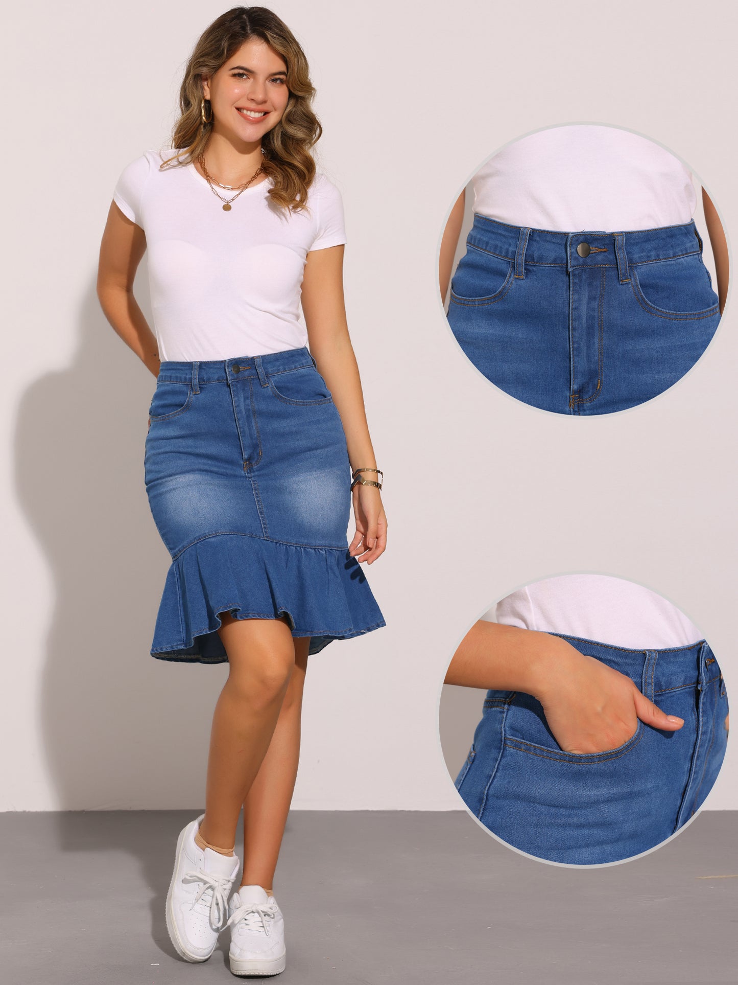 Women's Bodycon Fishtails Ruffled Knee Length Denim Skirt