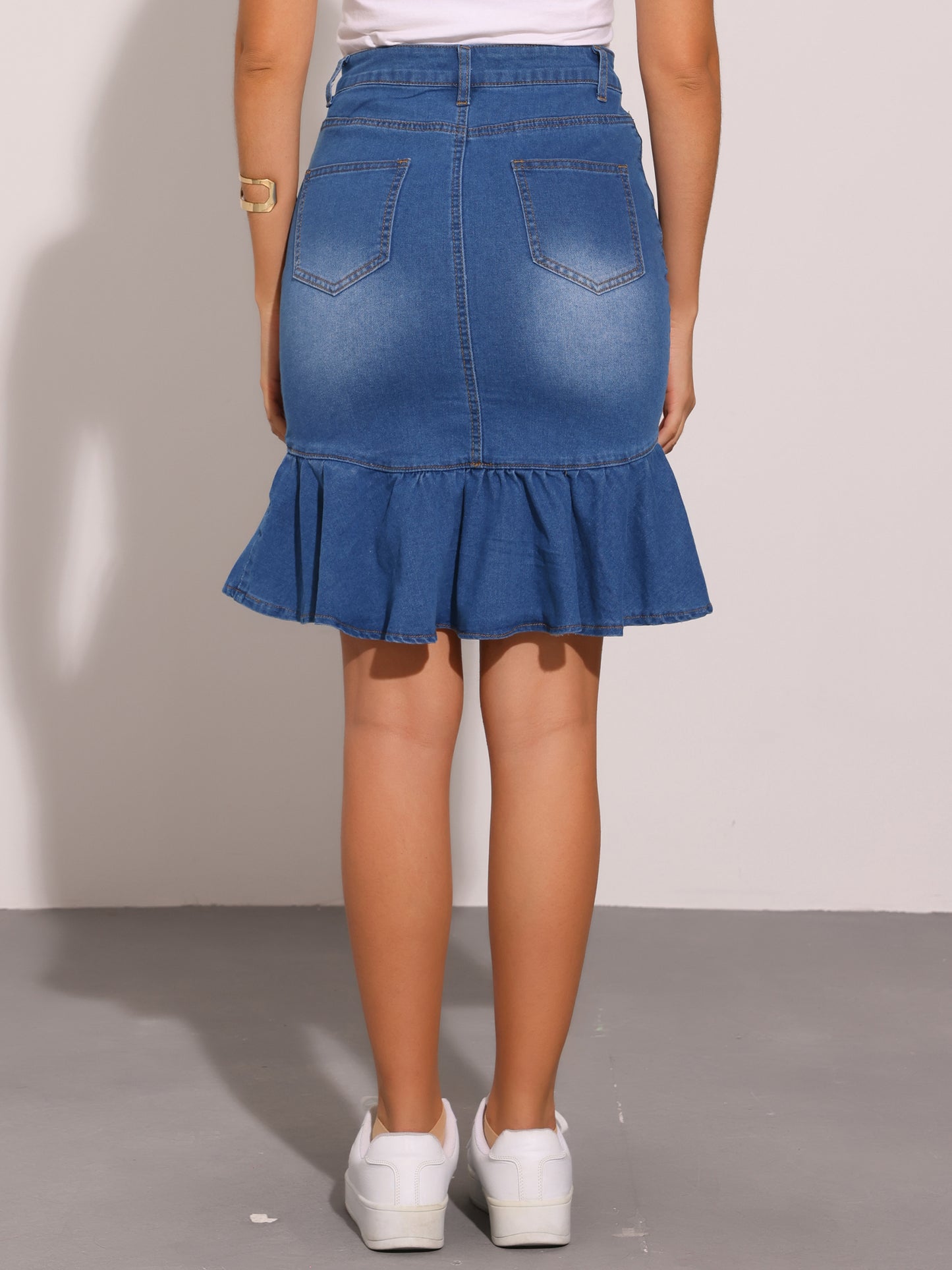 Women's Bodycon Fishtails Ruffled Knee Length Denim Skirt