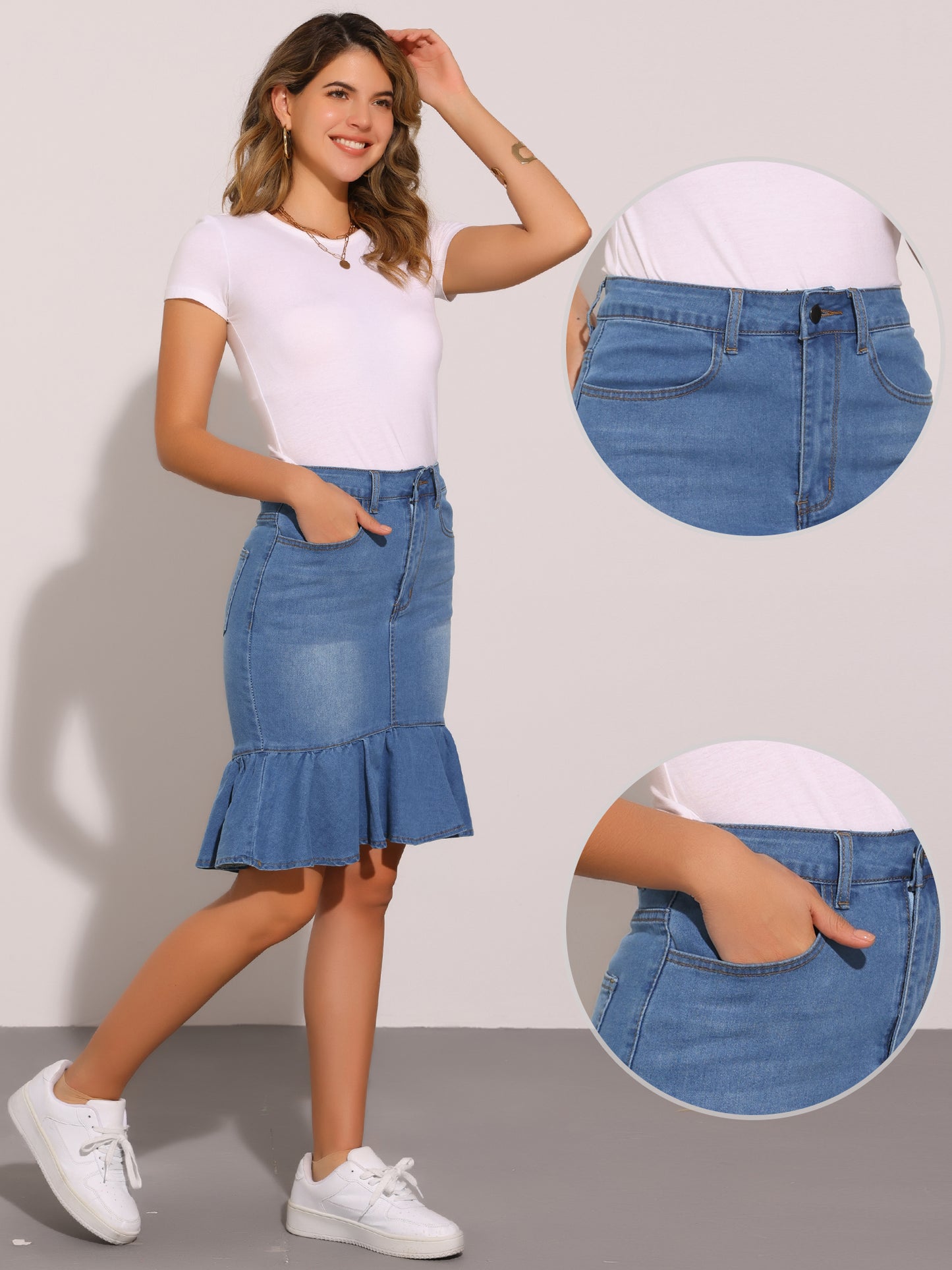 Women's Bodycon Fishtails Ruffled Knee Length Denim Skirt