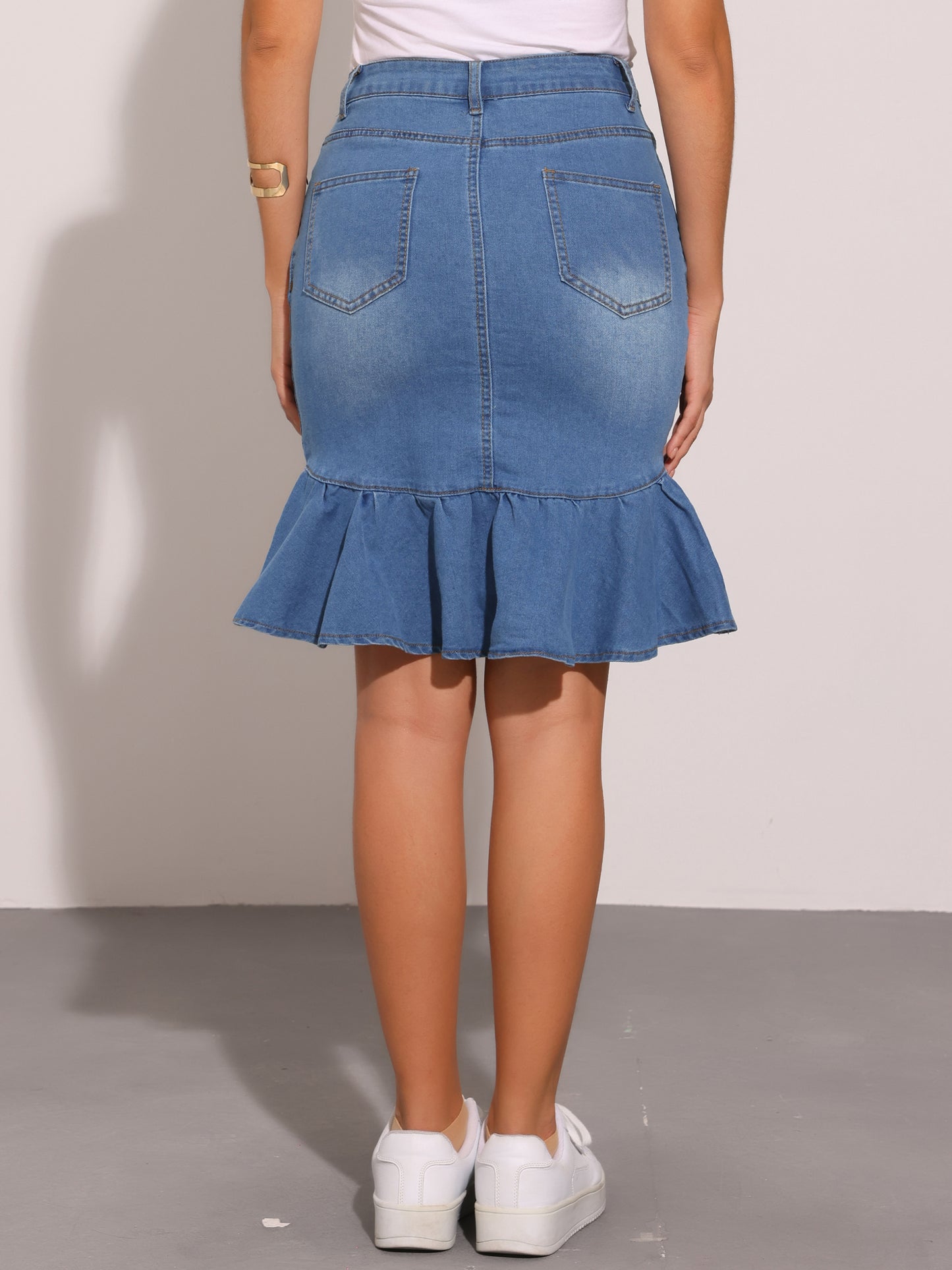 Women's Bodycon Fishtails Ruffled Knee Length Denim Skirt